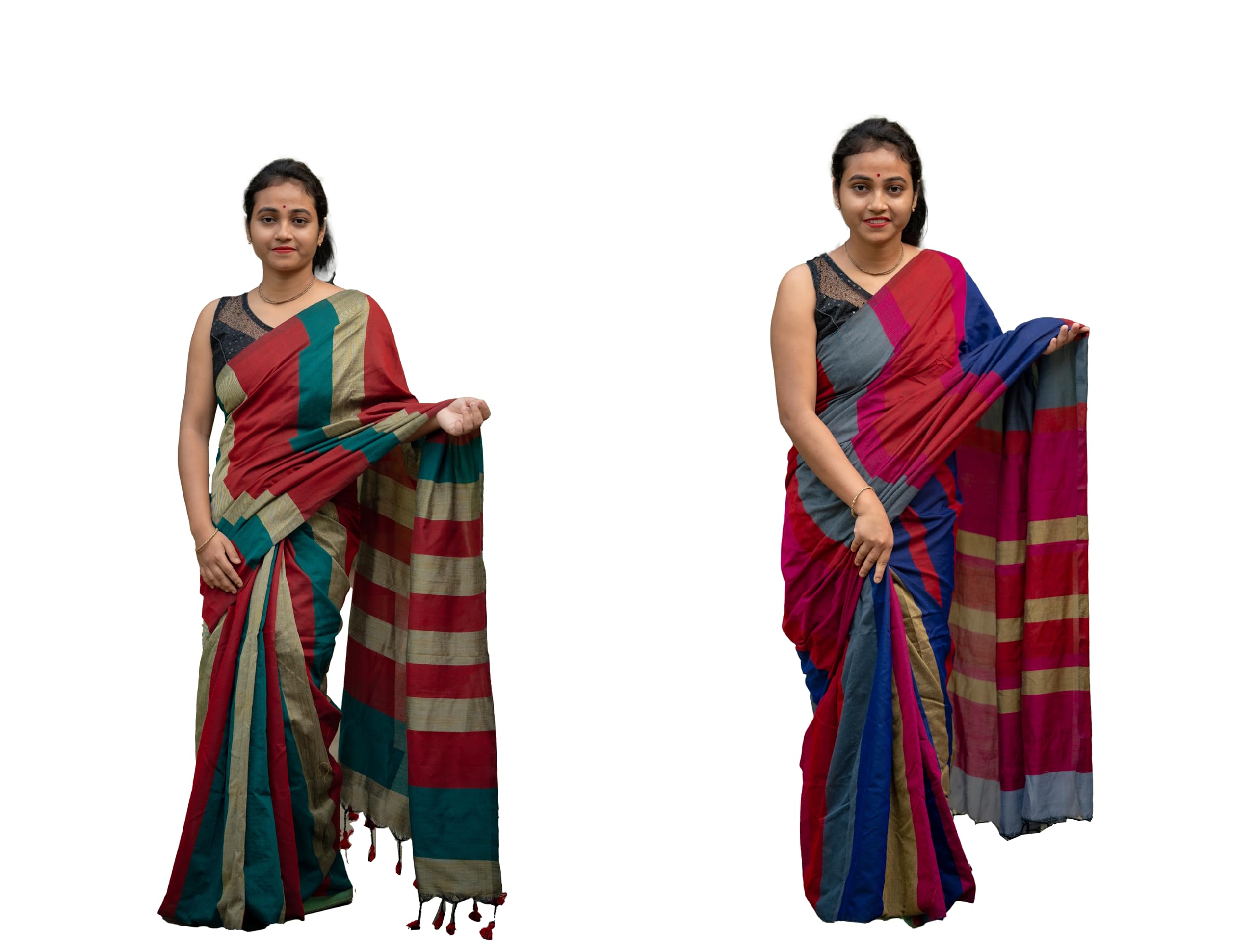 Woman's Handloom Soft Cotton Saree Multicolor Design With Blouse Piece Combo Pack Of 2-image-32