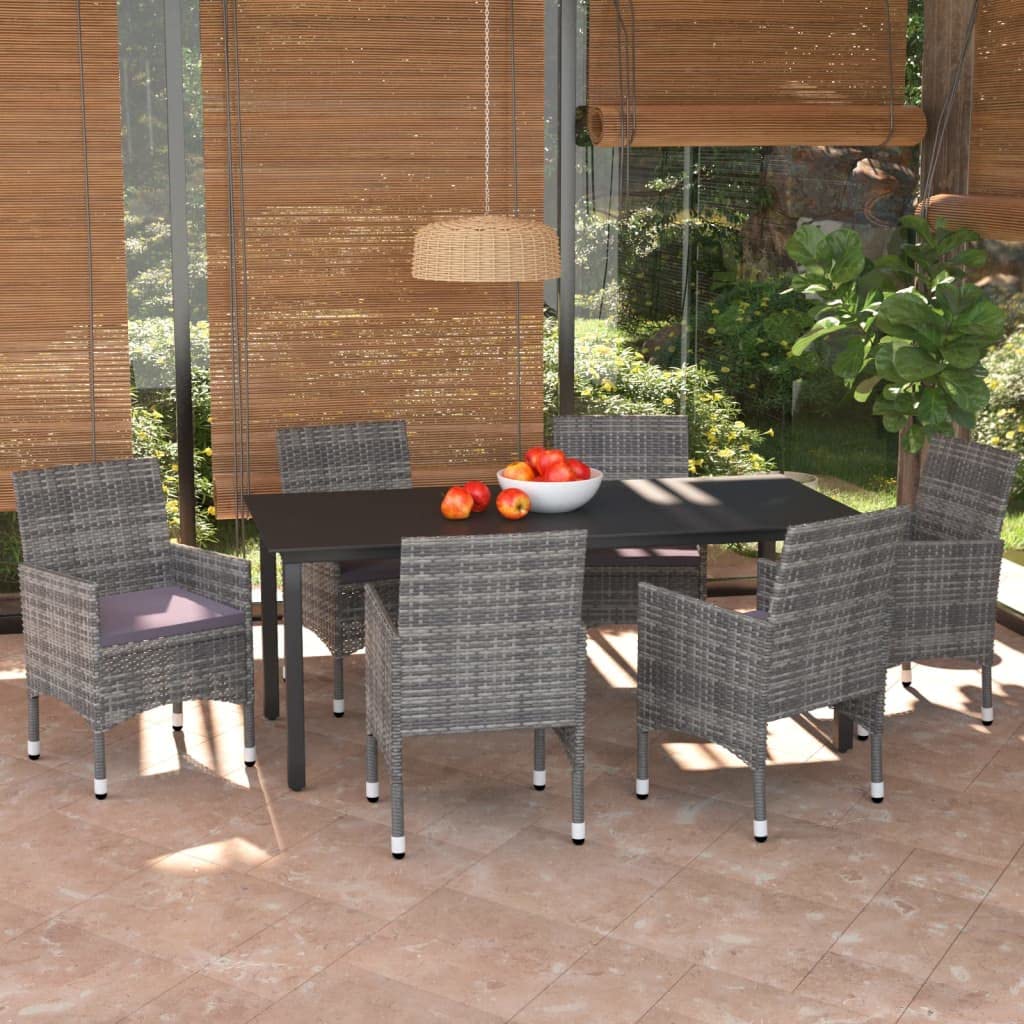 Set da pranzo da giardino in polyrattan grigio, con 6 sedie e tavolo in vetro, cuscino confortevole per terrazza, balcone, esterno