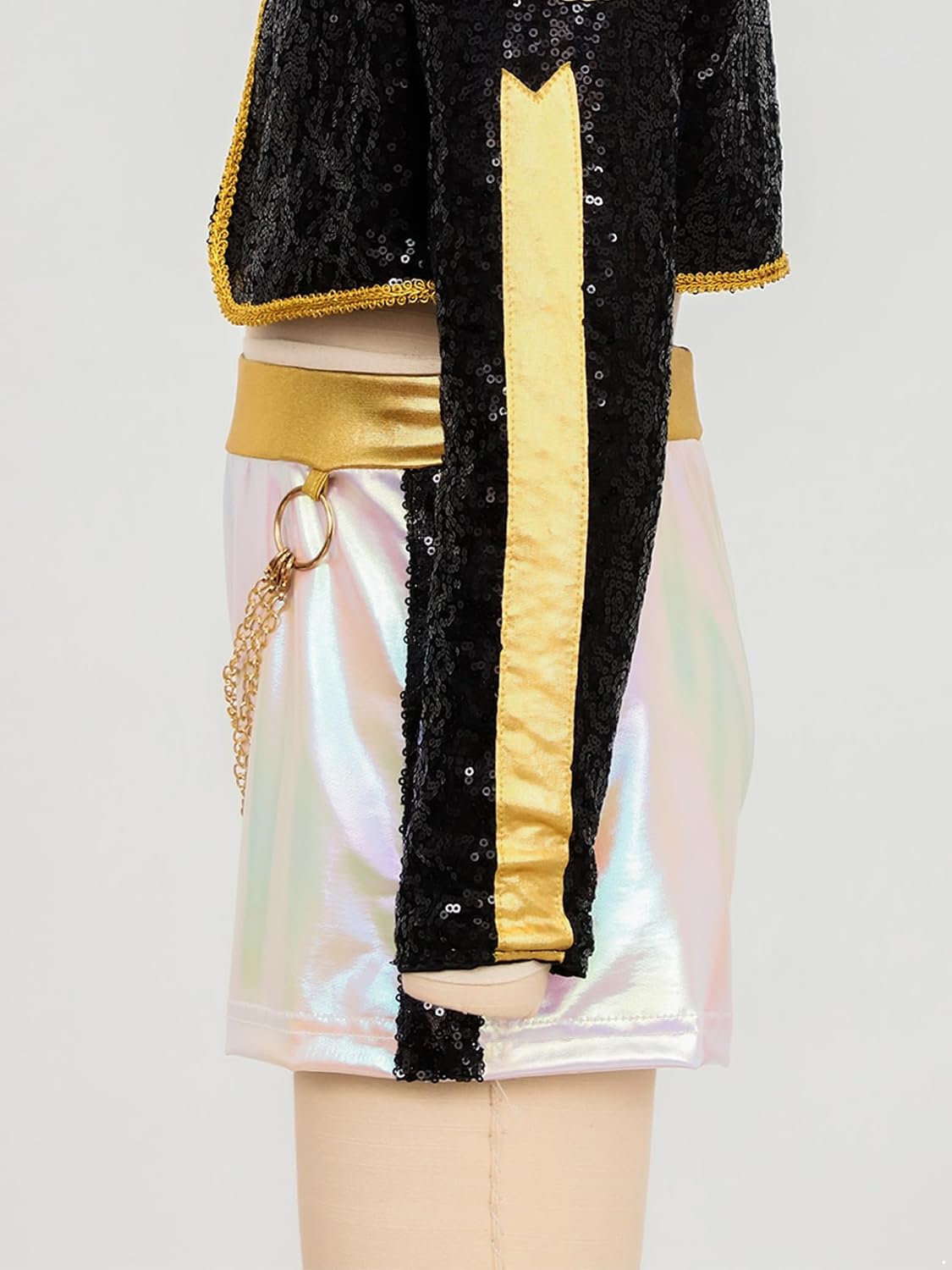 Girls Shiny Metallic Singer Clothes Gold Trim Dance Tumbling Shorts with Chains for Halloween Party