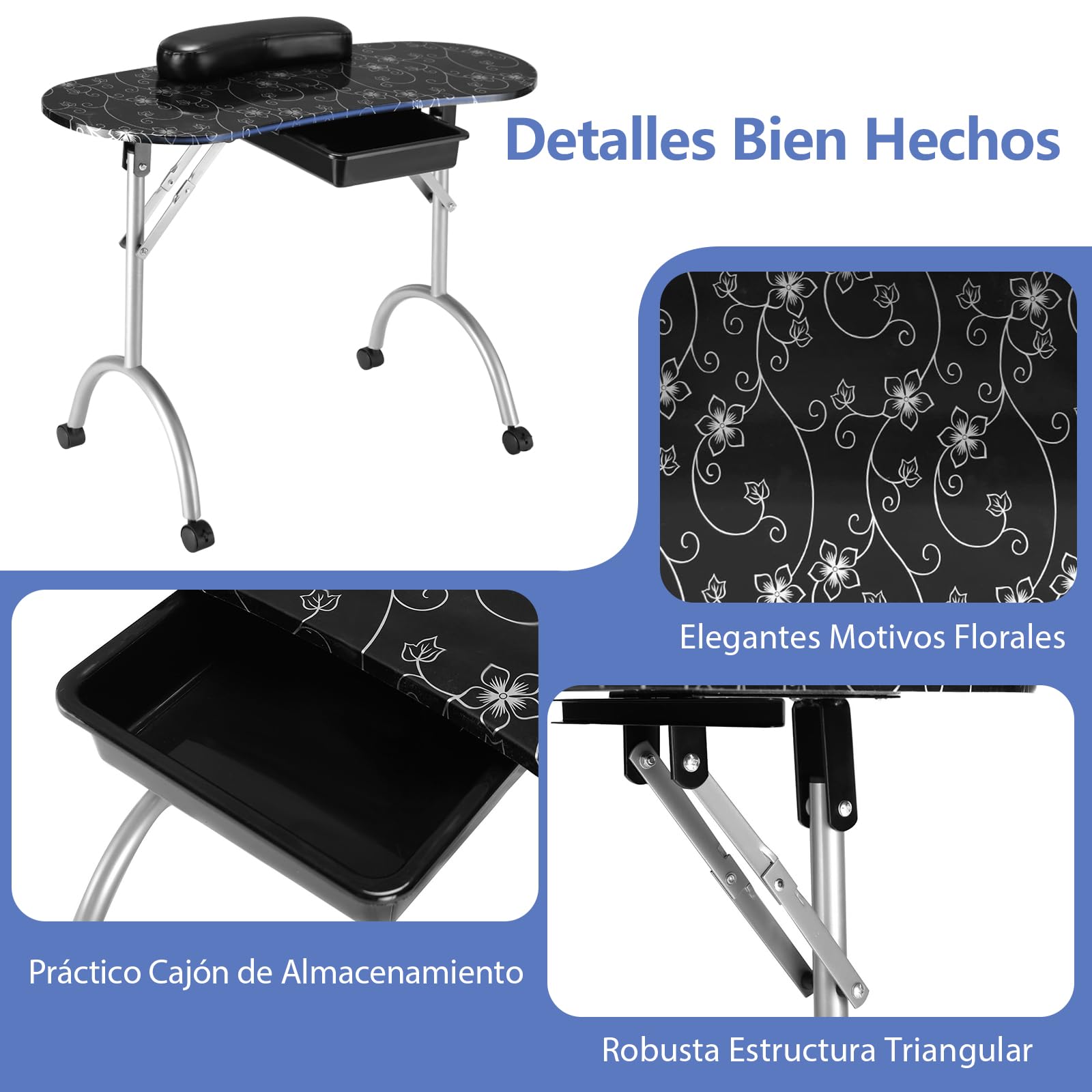 COSTWAY Mesa de Manicura con Ruedas Plegable Portátil con Caja de Almacenamiento y Almohada para la Muñeca para Uña Decoración