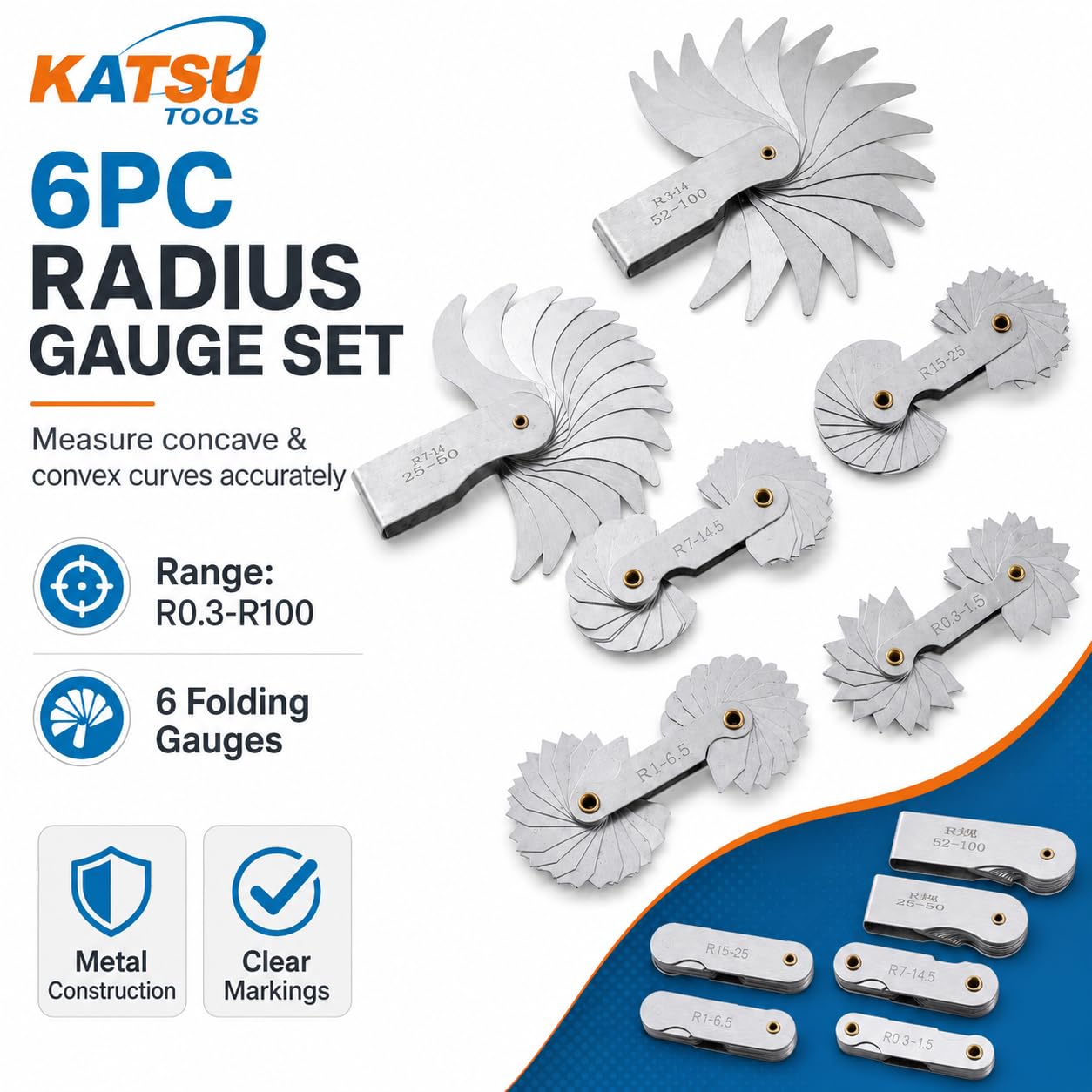 KATSU Radienlehre 6 Stück R0.3-1.5 / R1-6.5 / R7-14.5 / R15-25 / R25-50 / R52-100 Metall Radius Filetlehre Lehr Tragbares konkaves konvexes Messwerkzeug Ingenieure