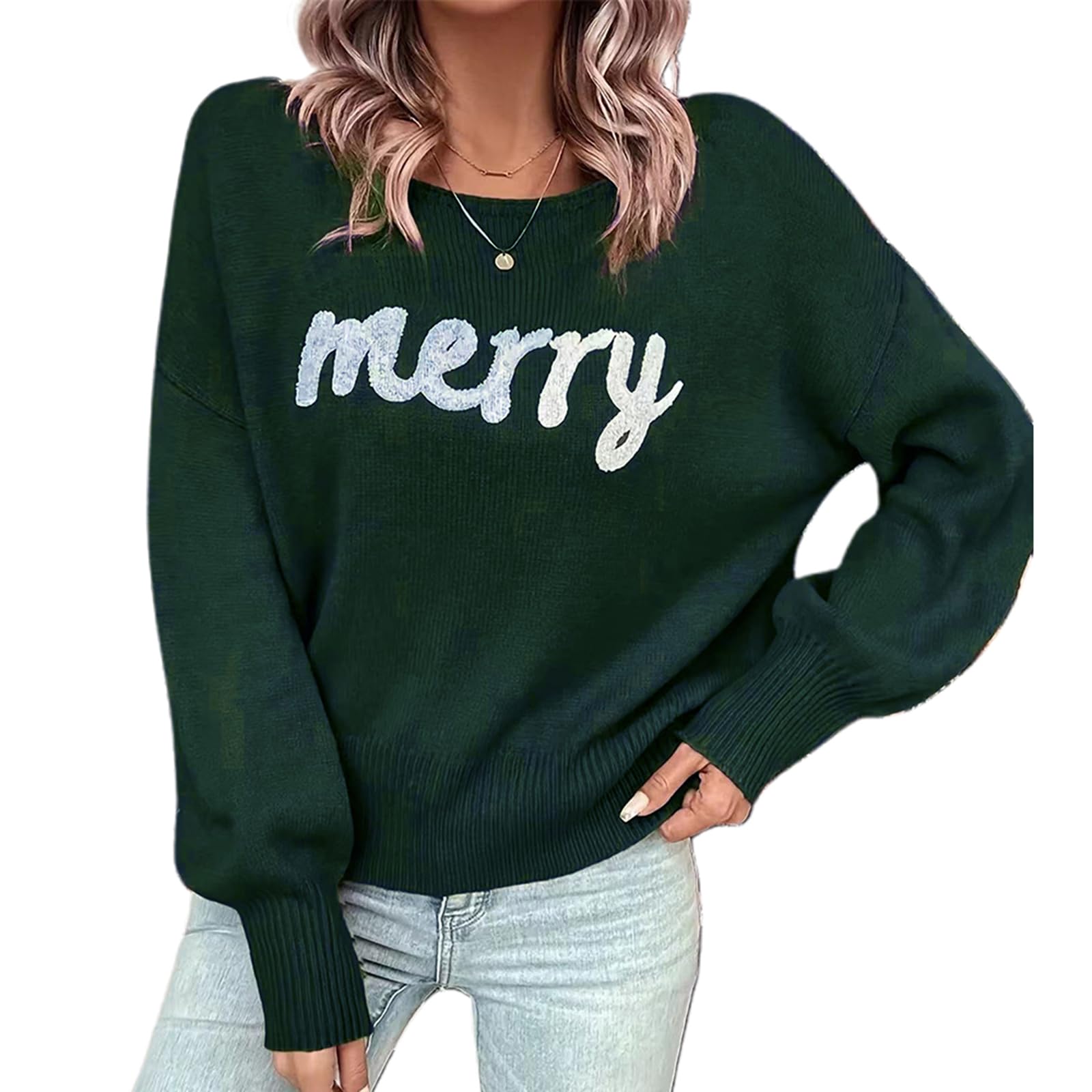 Women Merry Christmas Sweater Glitter Patch Long Sleeve Crewneck Knit Pullover Tops Oversized Holiday Graphic Shirts