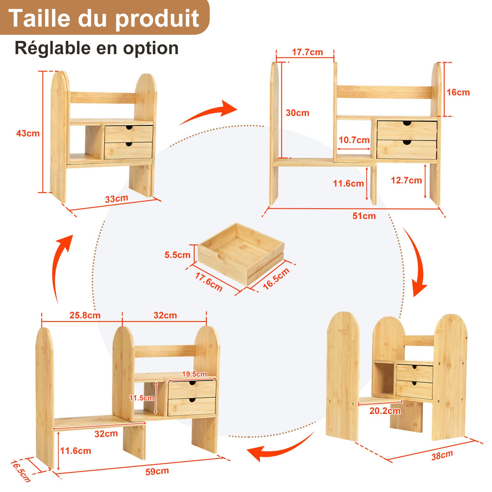 GUUSII HOME Etagere de Bureau a Poser Rangement Étagère à Livres pour Bureau Etagère de Table avec Tiroirs pour Chambre à Coucher Etagère en Bambou Ajustable Petit Rangement pour Cuisine