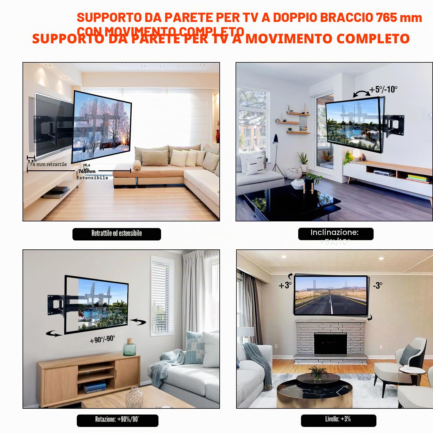 Supporto TV Parete da 50-90 Pollici, Inclinazione Girevole Staffa con 765mm Doppio Braccio, Braccio TV Ultra Resistente 75kg, Staffa Televisore 75 85 90 Pollici VESA 200x100-600x400mm