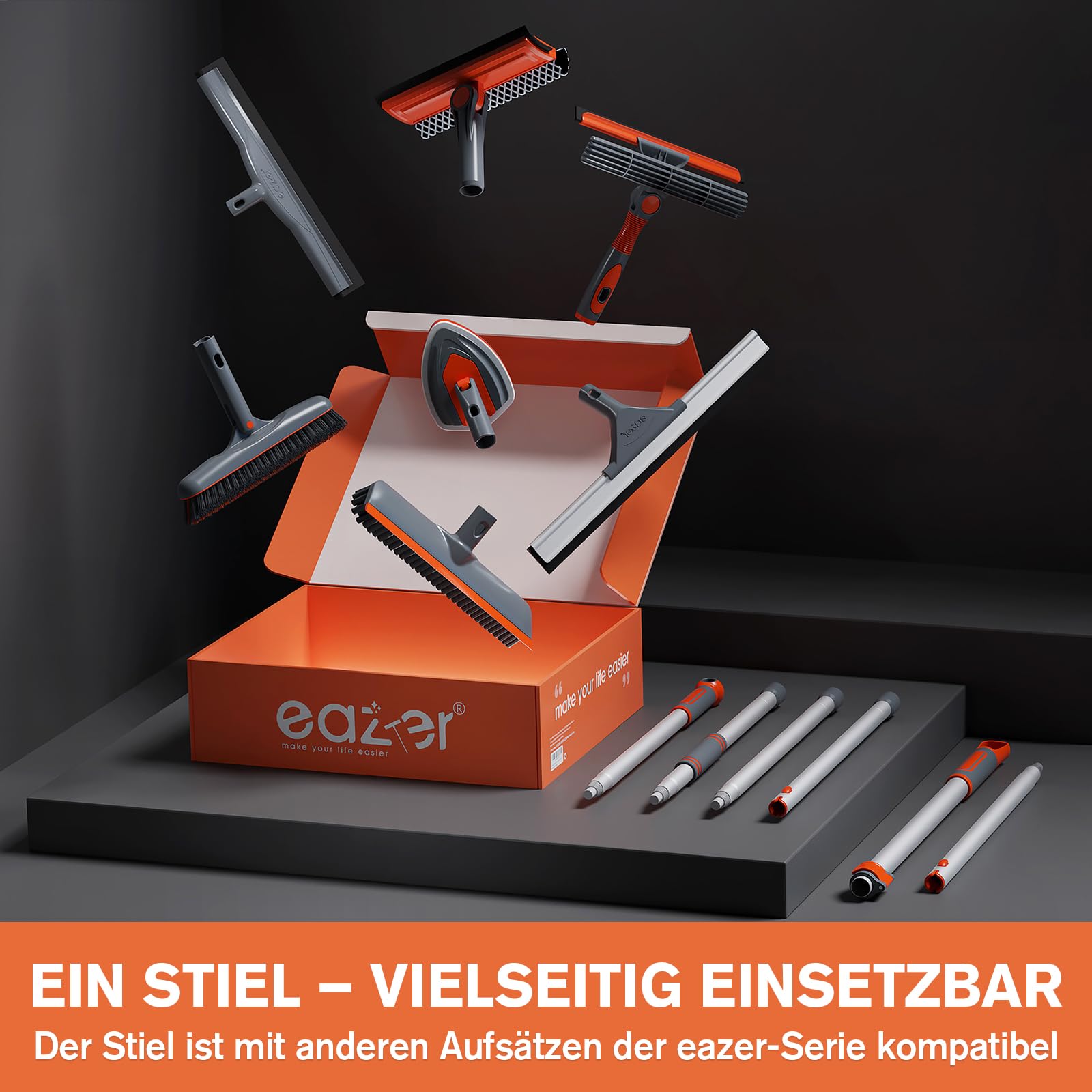 Eazer Fensterputzer & Fensterabzieher,2-in-1 drehbares Kombi-Set mit Teleskopstange (51-77 cm) für Fenster, Dusche und Auto-Windschutzscheibe