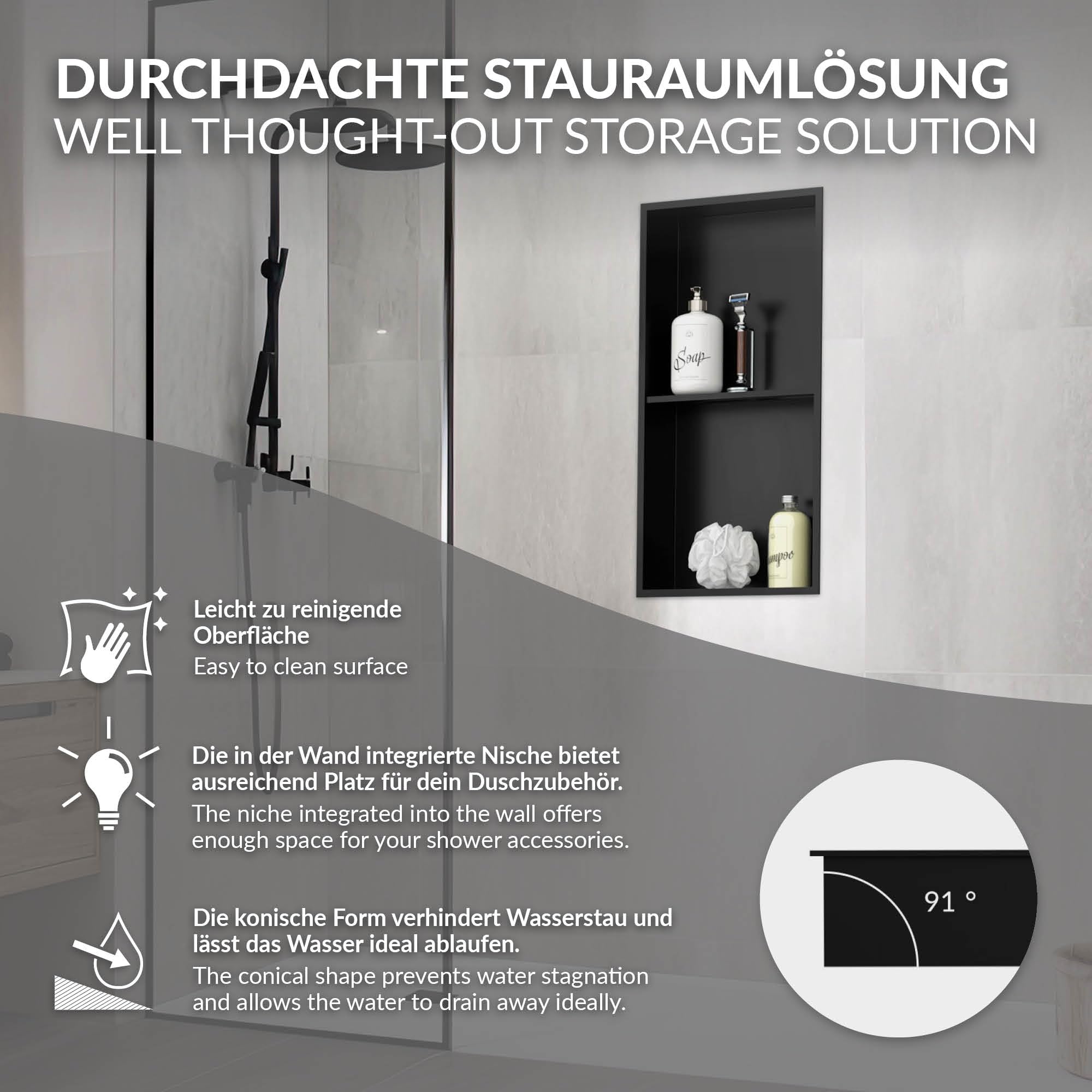LuxeBath Nicho de Ducha Acero Inoxidable 30x60x10 cm cm Negro Marco de Pared Doble Empotrado Alicatable Estante Integrado Instalación Flexible para Almacenamiento Organizador de Utensilios para Baño