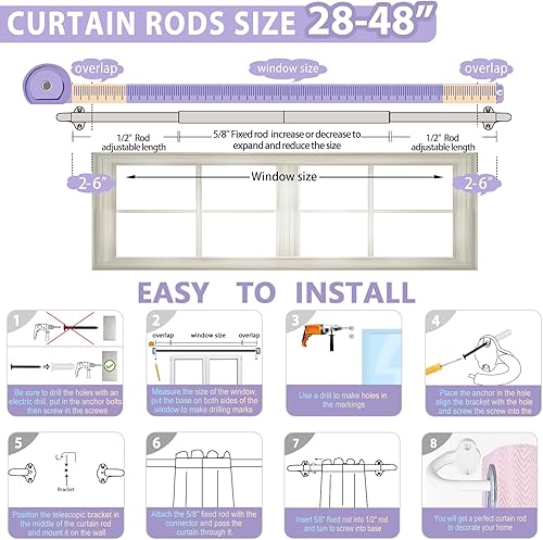 Miniatura 3 de TVWOO Barras de cortina envolventes, barras de cortina blancas de 28 a 48 pulgadas, juego de cortineros opacos ajustables de 58 pulgadas con