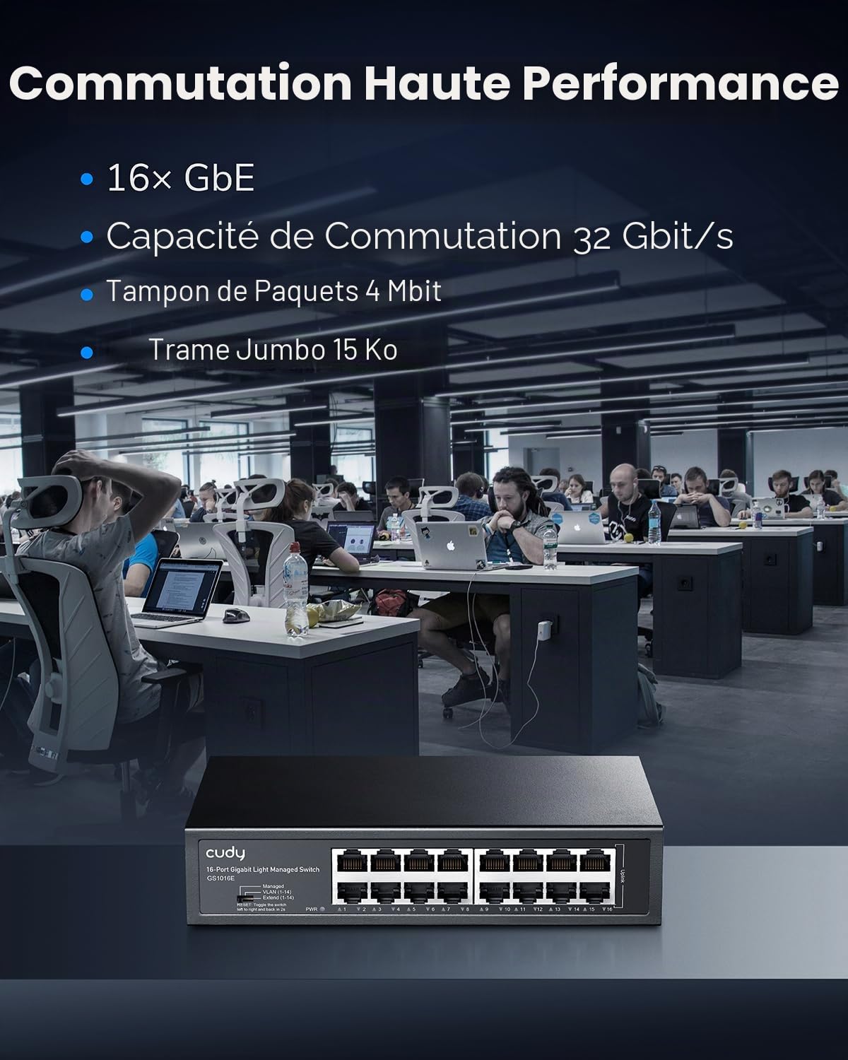 Cudy Commutateur Intelligent Gigabit à 16 Ports, 32 Gbit/s, GS1016E | 16 ports GbE, transfert à débit de ligne, isolation des ports/mode 250 m, boîtier SPCC, 200 × 118 × 44 mm, profe
