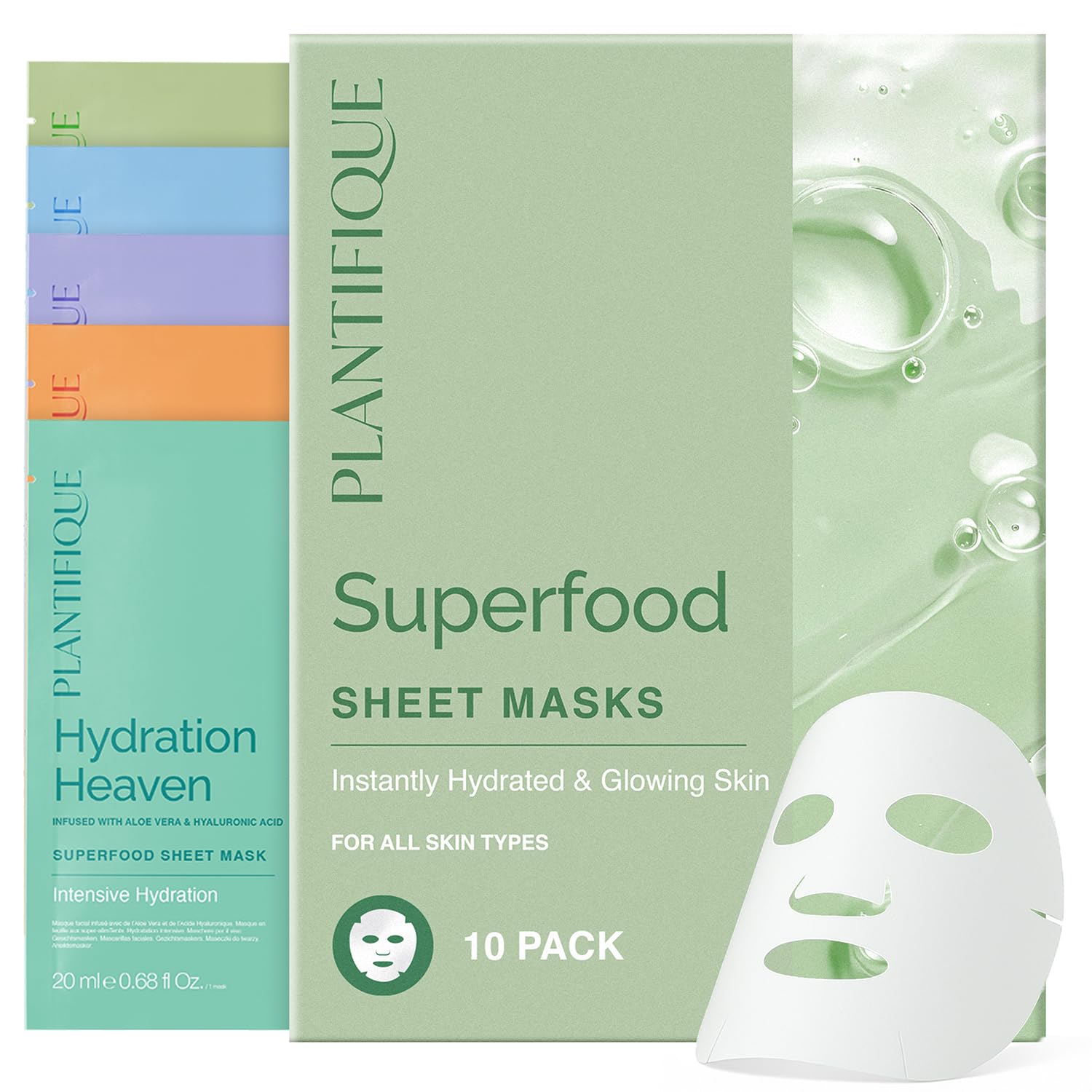 PLANTIFIQUE Koreanische Gesichtsmaske 10-Pack mit Superfoods & Hyaluronsäure - Aloe Vera, Pfirsich, Kokosnuss, Centella, Kollagen & Coenzym Q10 - Hydrierend & Straffend Tuchmasken - Face Mask