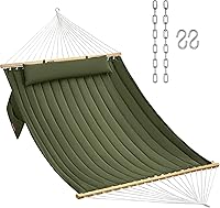 CHULIM Double Quilted Fabric Hammock with Pillow & Hardwood Bars - 450 lbs 2-Person Large Outdoor Hammock for Patio Backyard Poolside, Green