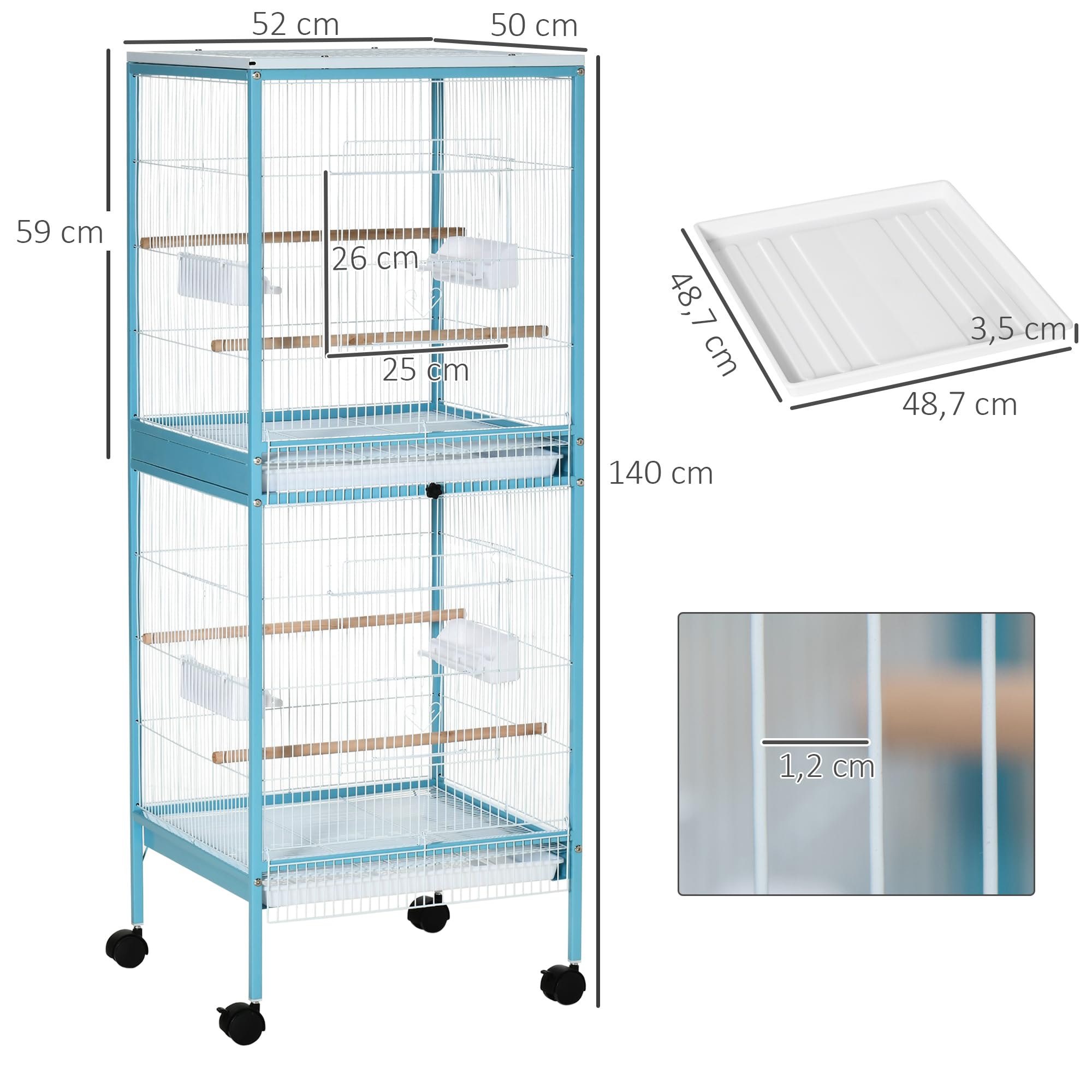 PawHut Jaula para Pájaros con Ruedas Jaula Grande de 2 Niveles Pajarera con Bandejas Extraíbles Puertas Comederos Perchas para Canarios Periquitos 51,5x50x140 cm Azul
