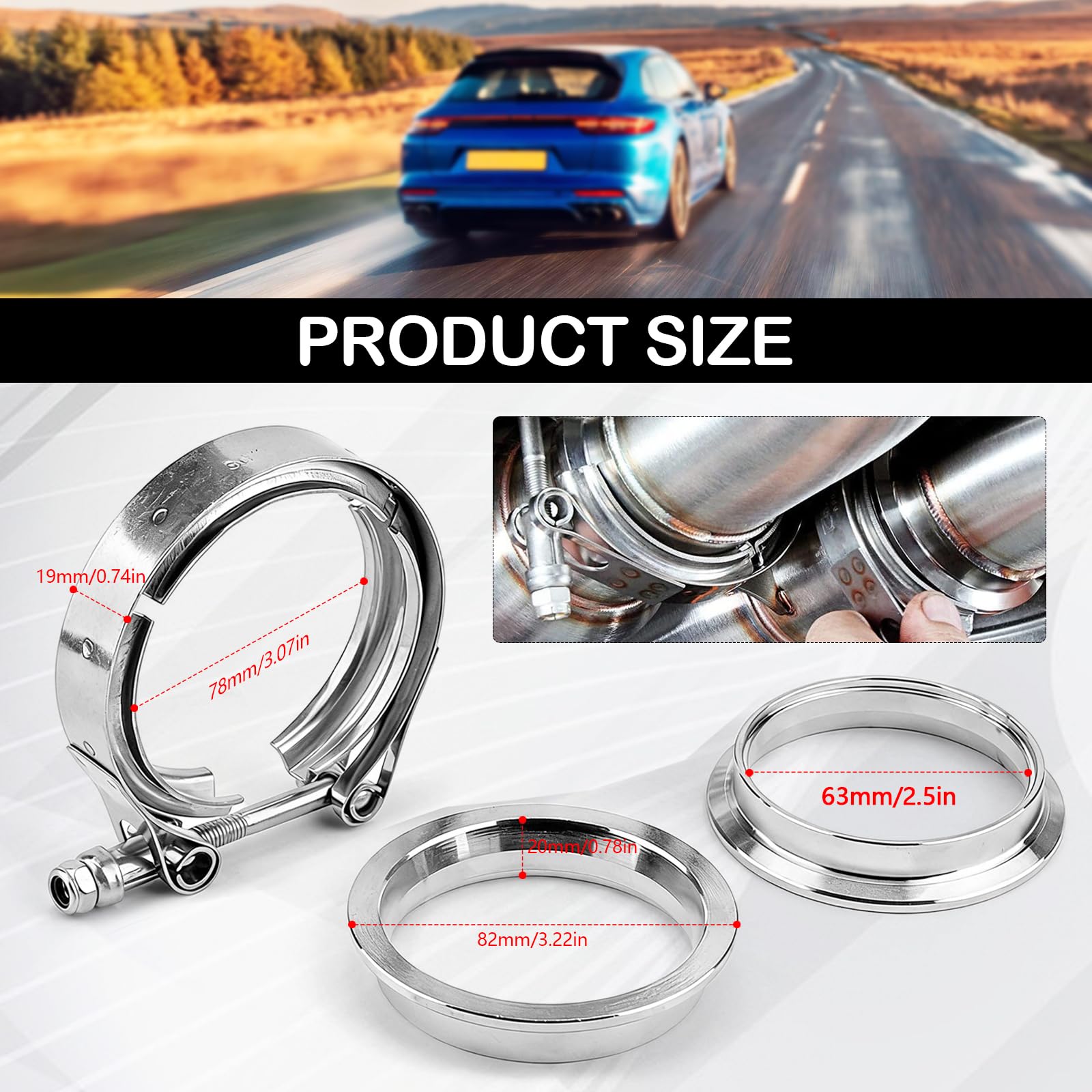 Kit De 2 Colliers De Serrage V-Band En Acier Inoxydable ø 63,5 Mm (2,5") Kit De Colliers V-Band Pour éChappement Automobile Avec Bagues De Centrage Et Collier Pour Durite De Turbo Couleur Argent