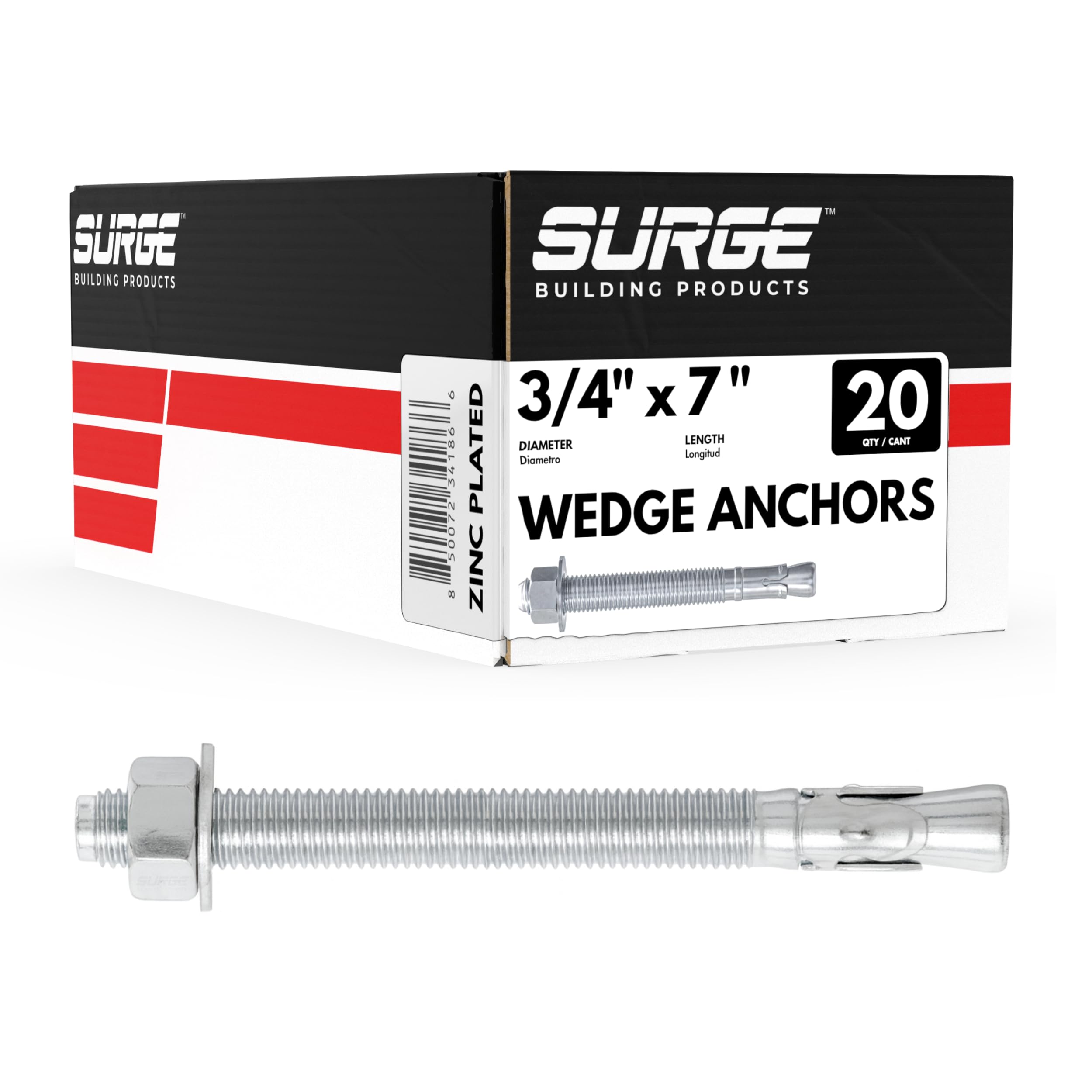 3/4" x 7" Zinc-Plated Wedge Anchors for Concrete and Cement | Heavy-Duty 3/4 Concrete Anchors (Box of 20)