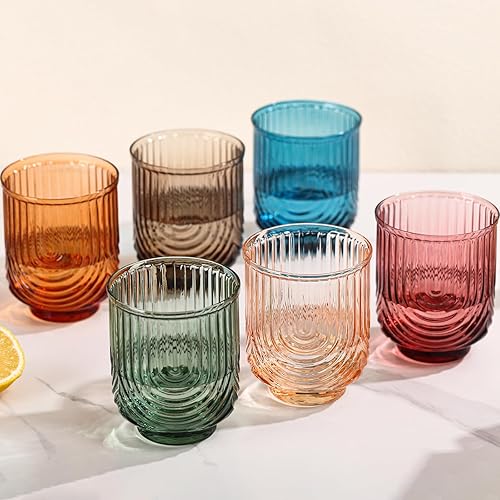 Juego de vasos vintage de colores para beber de 6 a 15 onzas fluidas a mano, vasos de cóctel con diseño de arco para bebidas de agua de whisky, café
