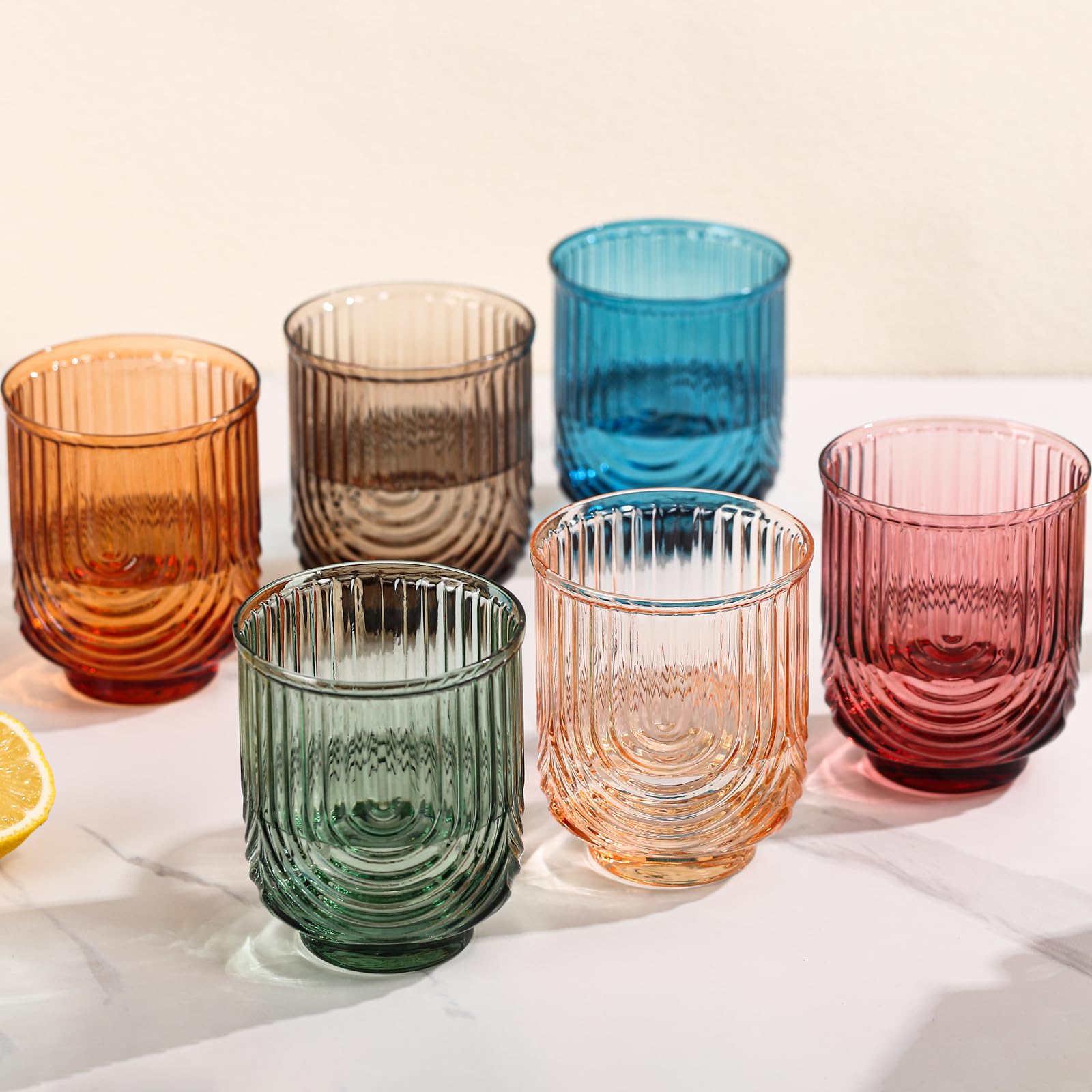 TrophyToast Colored Vintage Drinking Glasses Set of 6-15oz Hand-Blown Highball Ribbed Glassware Arch Design Cocktail Glasses for Whiskey