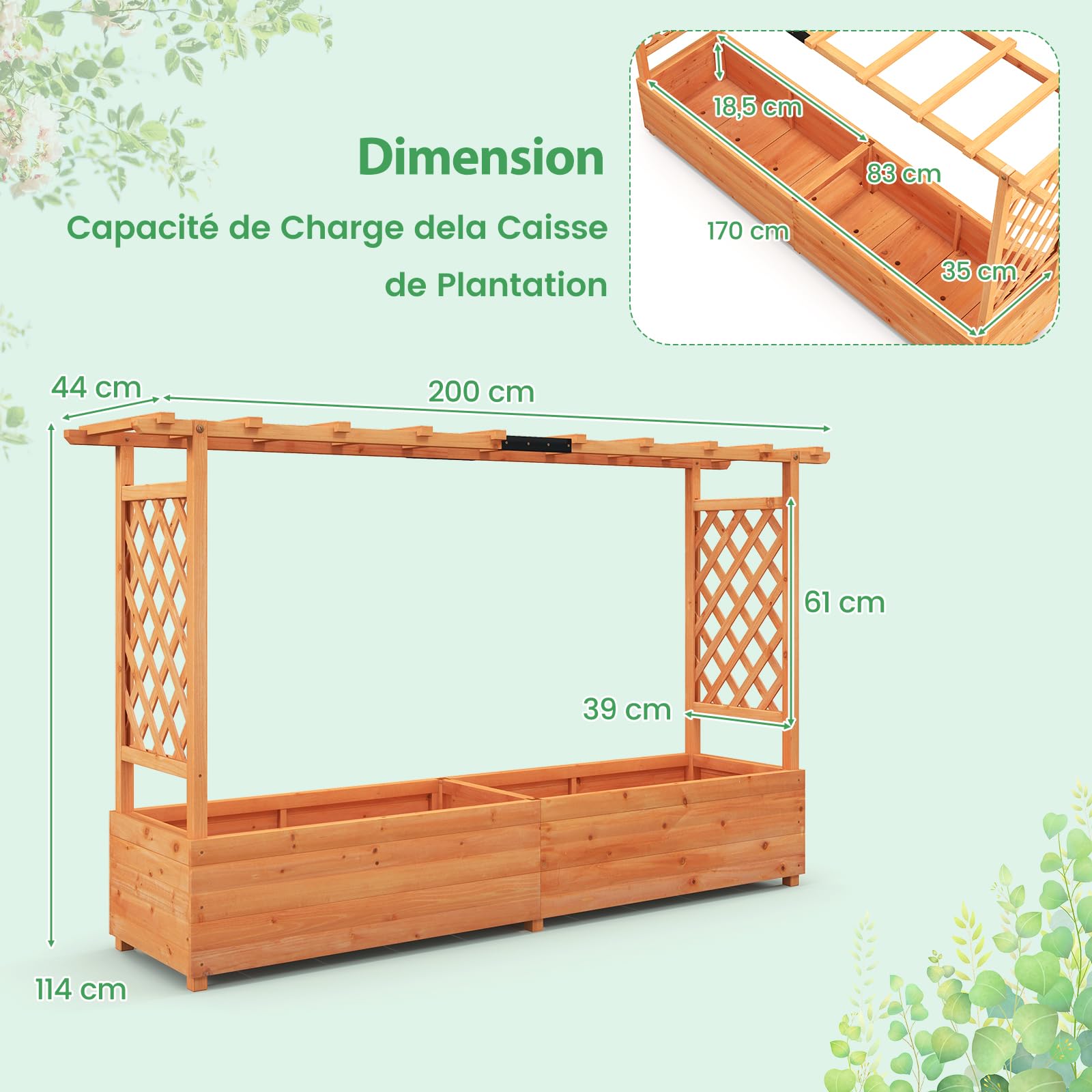RELAX4LIFE Jardinière Surélevée avec Treillis Latéral & Supérieur, Jardinière sur Pied avec Treillis&Trous de Drainage, Conteneur de Plantes Vertical Pourvignes Grimpantes (200x44x114CM)