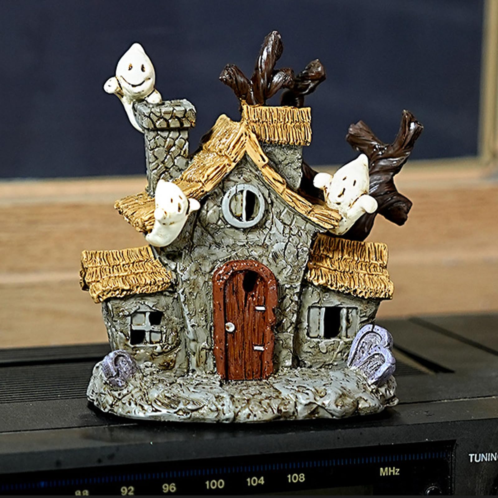 Veesper Halloween Village 5 Inch Haunted House Figurines Resin Scary Luminous Halloween Village Houses Spooky Tabletop Decorations for Home Parties Indoor Decor