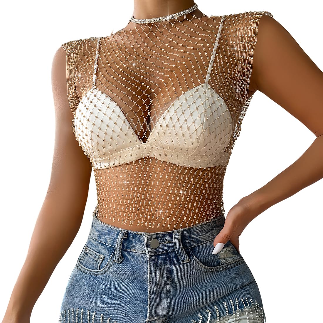 Rhinestone brillante malla cuerpo cadena tops para mujeres brillante bikini crop top para discoteca fiesta festival(Blanco, M)