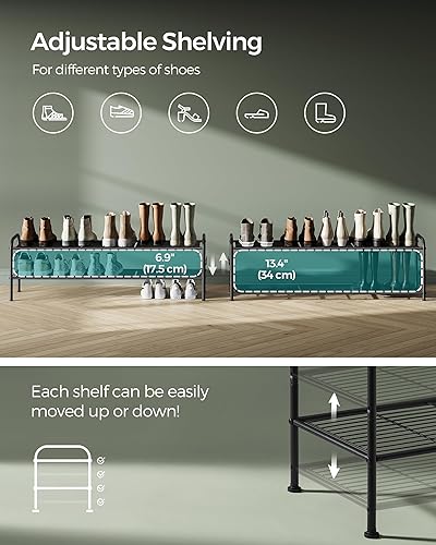 Miniatura 4 de SONGMICS Zapatero de 2 niveles, organizador de zapatos de metal con 4 ganchos laterales, capacidad para 12 pares de zapatos, zapatero de altura