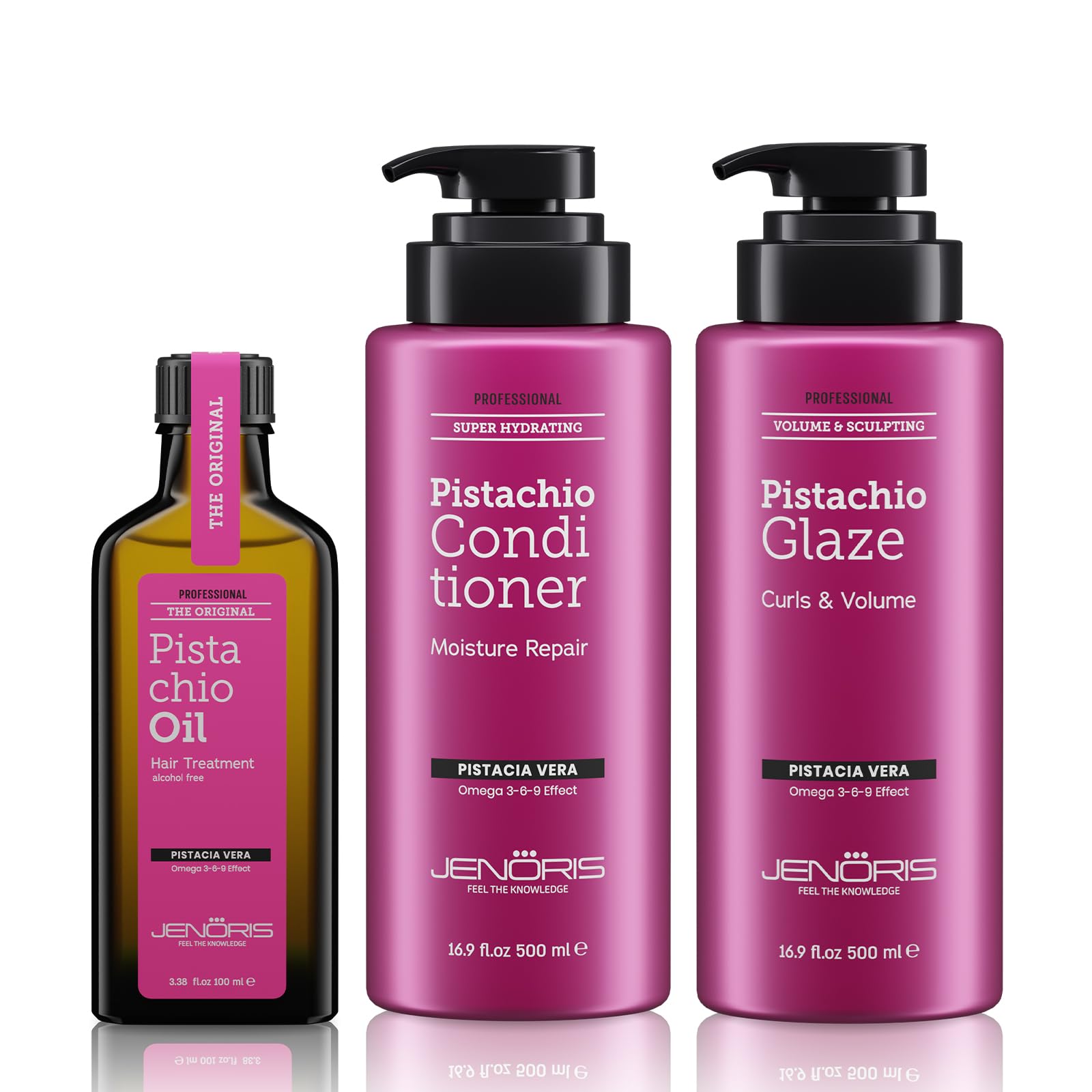 Jenoris Pistachio Conditioner, Oil Serum & Glaze Gel – Nourishing & Styling Care for Dry, Frizzy Hair, Infused with Pistachio & Borage Oils, Paraben-Free, Salon Quality