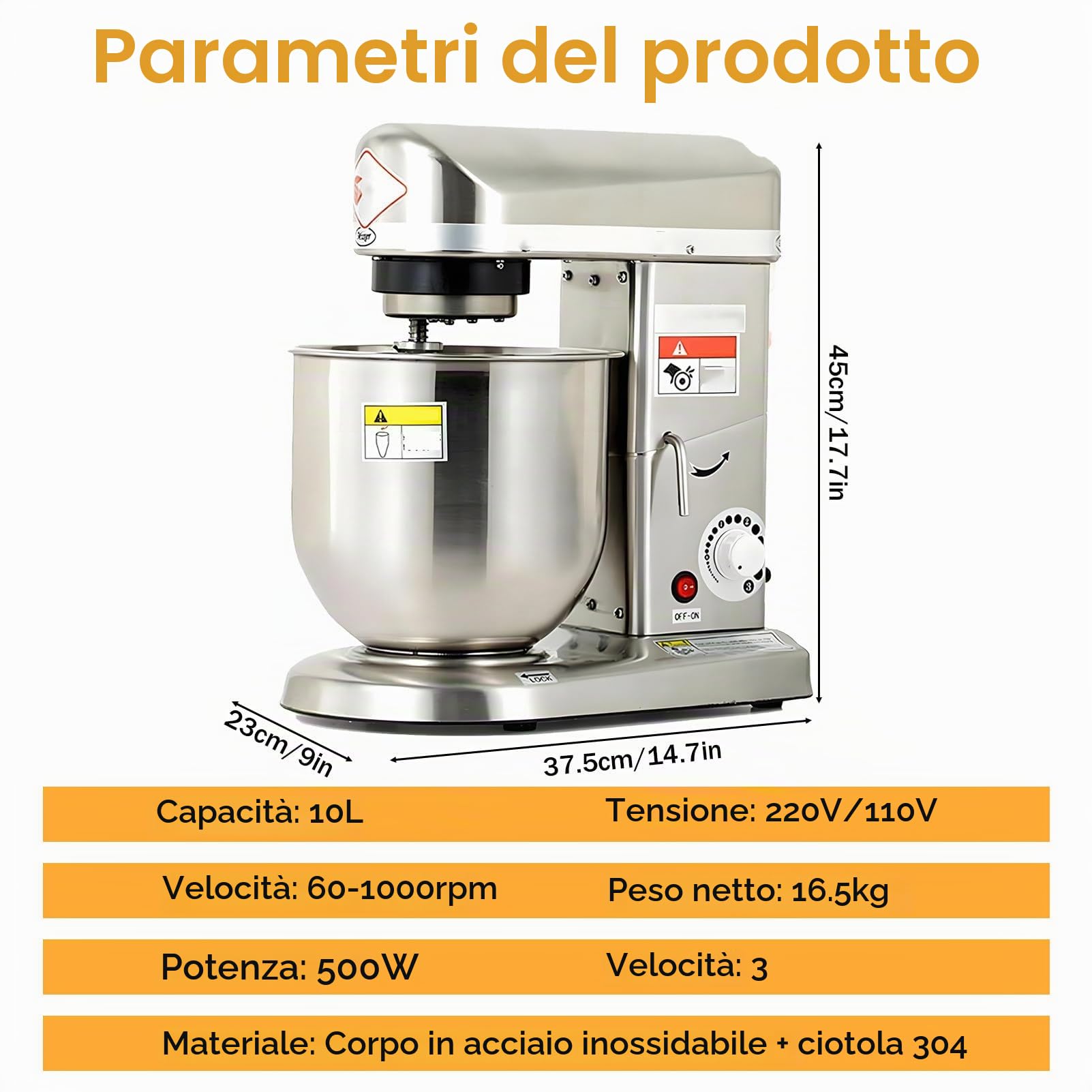 Impastatrice planetaria Professionale per la Cottura al Forno, impastatrice Commerciale per impieghi gravosi con Gancio per impastare, Frusta e sbattitore, 3 velocità 10L-220vSilver