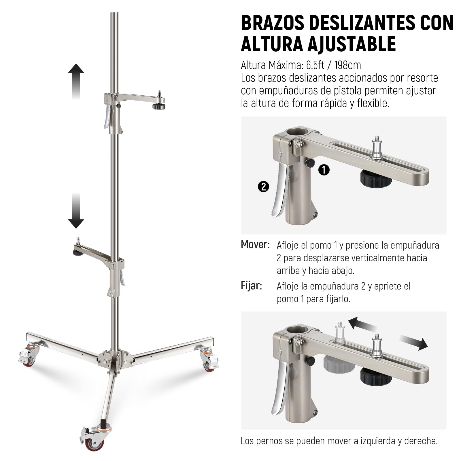 NEEWER Soporte de luz de Acero Inoxidable de 198 cm, Soporte de trípode Resistente con Ruedas giratorias, 2 Brazos deslizantes con Agarre de Pistola, Pata Plegable para fotografía, Caja de luz