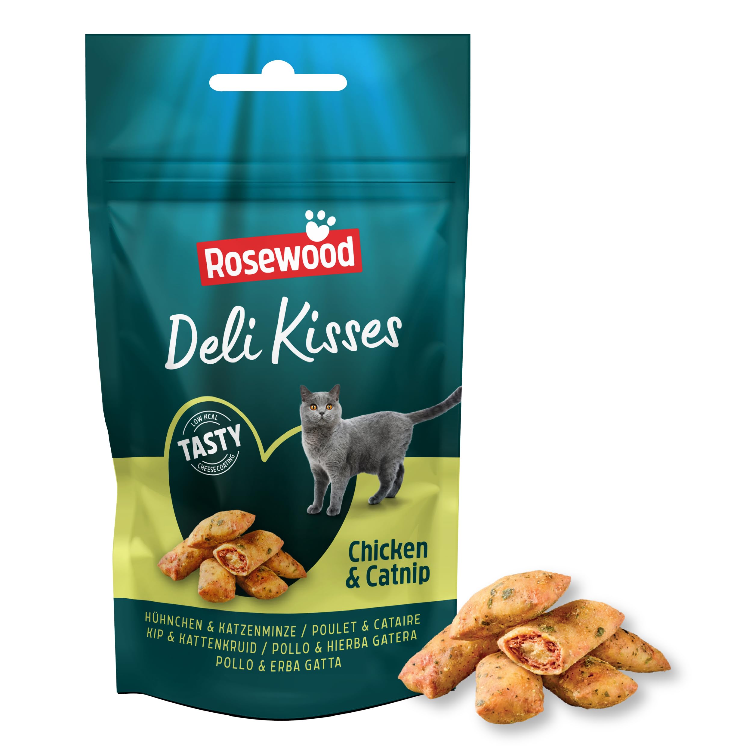 Rosewood Deli Kisses Cat Treats - Chicken and Catnip Flavour Crunchy Cat Snacks with Catnip Coating - Added Vitamins - Natural Ingredients - No Added Sugar (60g)