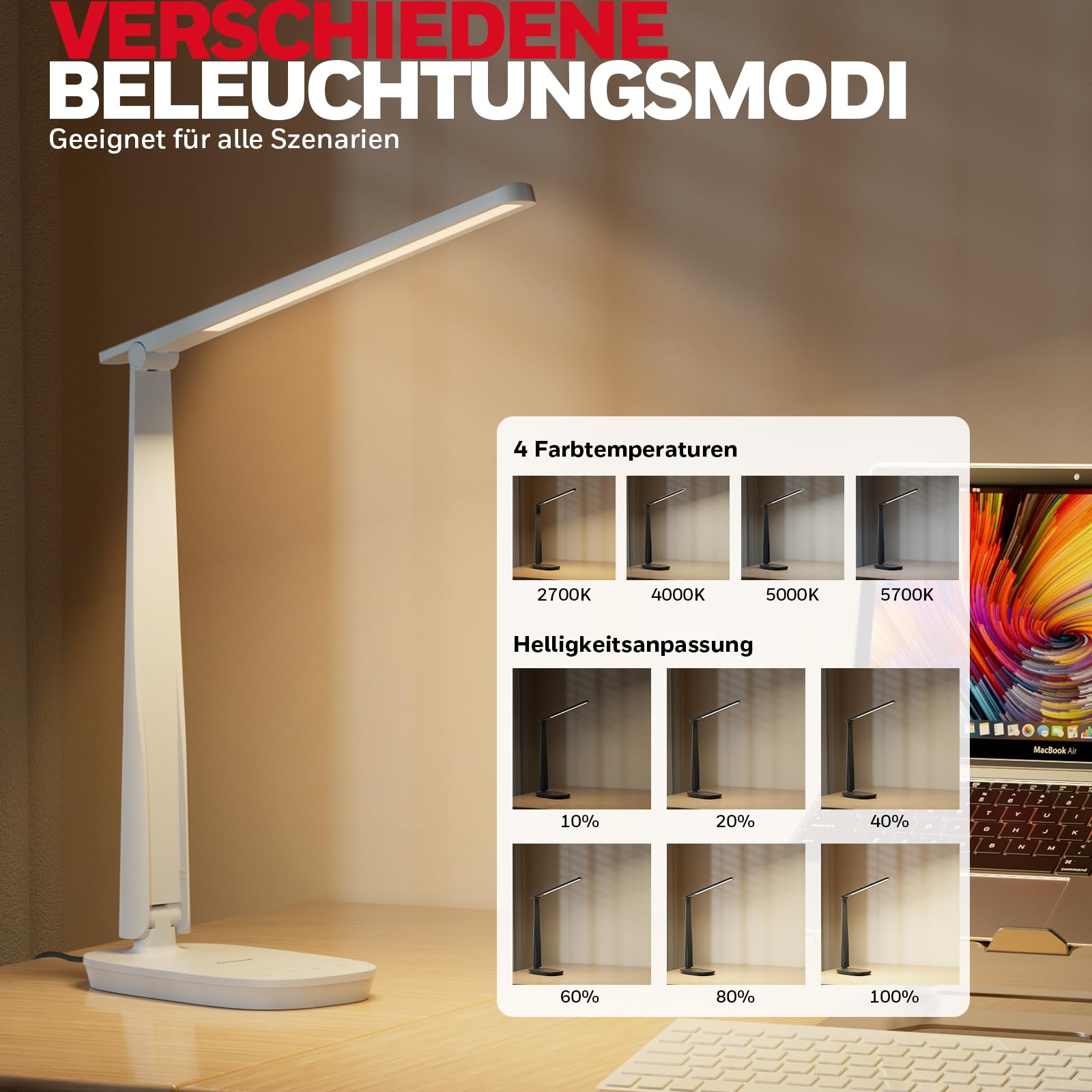 Honeywell HWT-H2 LED Schreibtischlampe, Augenschonend, Vollspektrum | CRI94 Vollspektrum | Augenschonendes Licht | 4 Farbmodi | USB-A & USB-C Laden | Faltbares Touch-Design