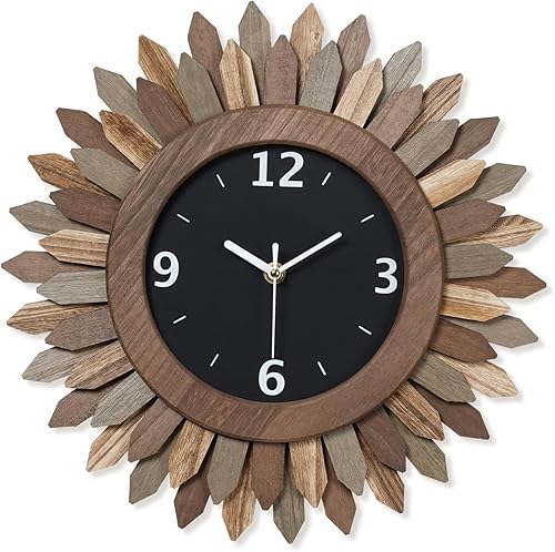 Honiway Reloj de pared de 14 pulgadas, de madera rústica, bohemio, con rayos de sol, decorativo, funciona con pilas, silencioso, sin tictac, relojes