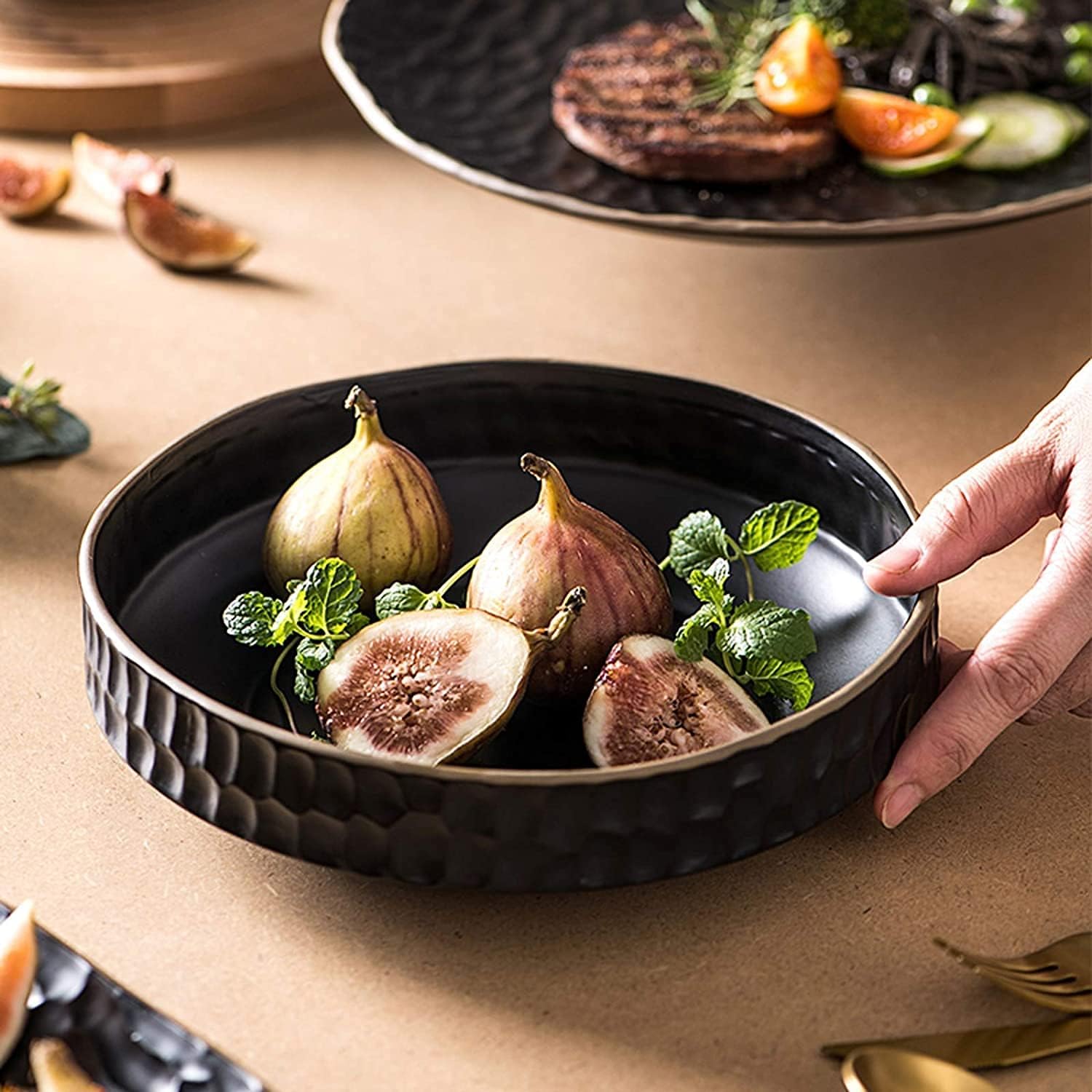 高級ディナーセット、セラミックディナーセット、39ピースの黒釉磁器食器セット|特別なレストランのためのボウルステーキプレートとマグカ