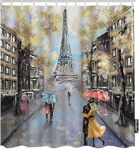 Cortinas de ducha París de 72 x 72 pulgadas, pintura al óleo para amantes del otoño, besarse en la lluvia Francia, calle, torre Eiffel, cortinas de