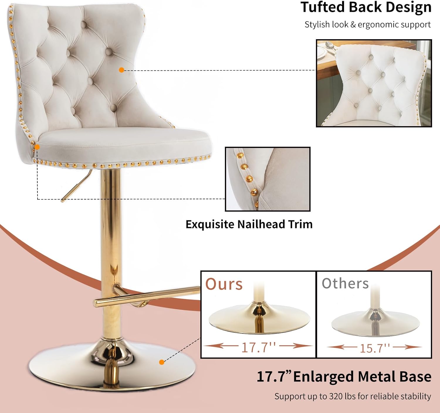 Swivel Counter Height Bar Stools Set of 2, Cream Kitchen Island Barstools, Velvet Adjustable Bar Height Stool Chairs, Tufted Back, Gold Metal Base, Sillas para Barra de Cocina (Beige, Velvet, 2 Pcs)