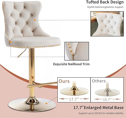 Miniatura 6 de Juego de 2 taburetes de bar giratorios de altura de mostrador, taburetes de bar de isla de cocina color crema, sillas de terciopelo ajustables con