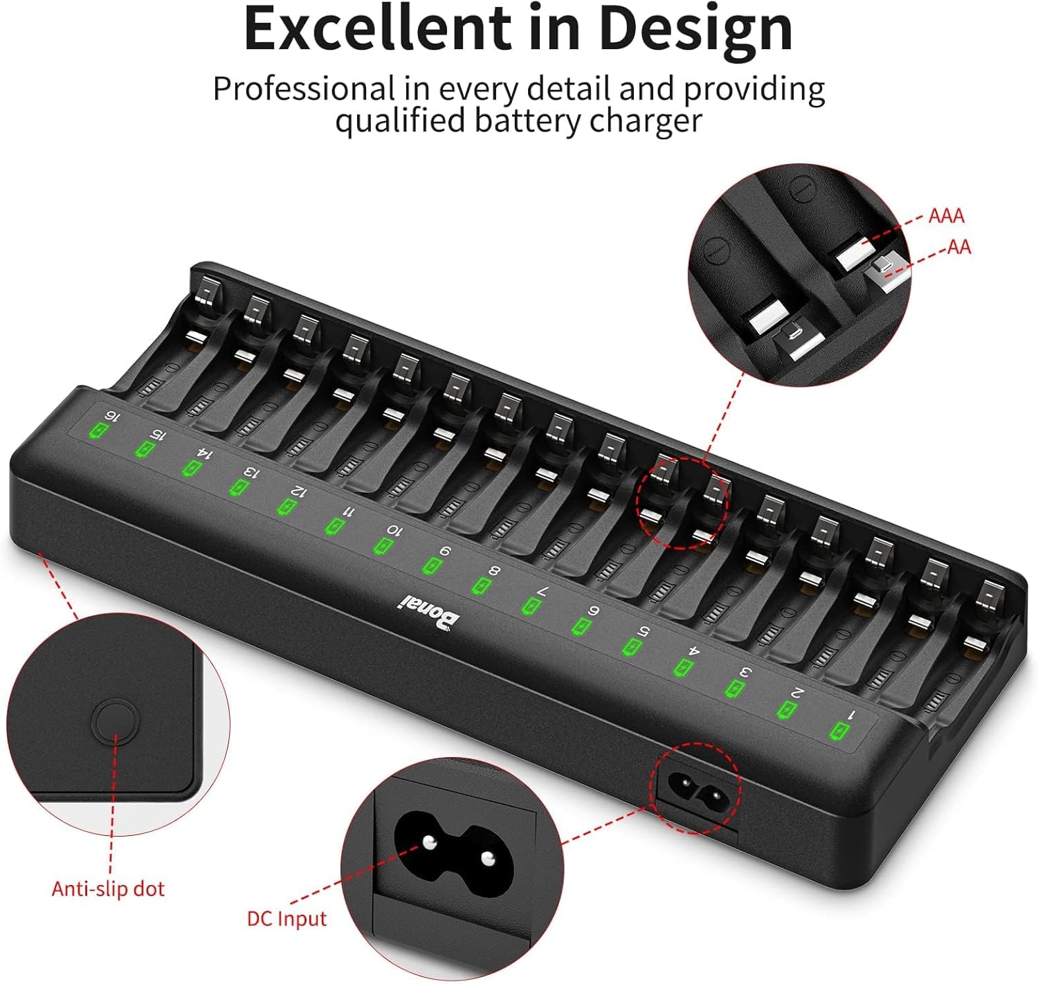 BONAI Cargador de Batería de 16 Ranuras con 16 Piezas de 2800mAh AA Ni-MH Pilas Recargables, Caragdor de Pilas para Recargables AA y AAA Ni-MH con Carga Inteligente e Independiente, Indicador Led