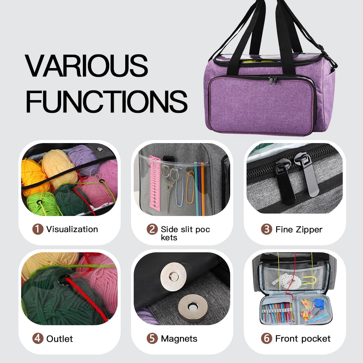 Weabetfu Large Crochet Bag Knitting Bags and Totes Organizer Huge Yarn Bag Storage for Crocheting Knitter,Crochet Hooks,Knitting Needles Kit,Supplies,Yarn - Ideal Crochet & Knitting Gift(Purple)