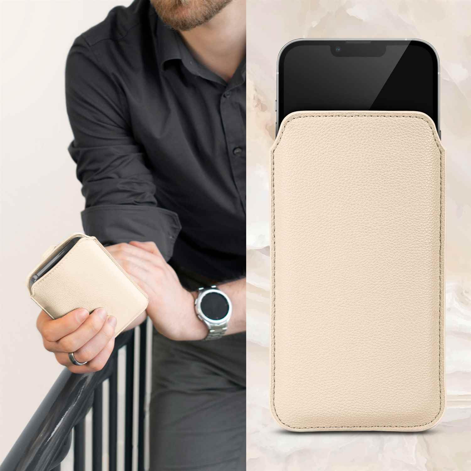 OneFlow Manicotto Slip-on Slim con Funzione di retrazione Compatibile con iPhone XS Max | Fodera Interna in Microfibra Premium + Robusta Linguetta a Strappo, Sella-Marrone