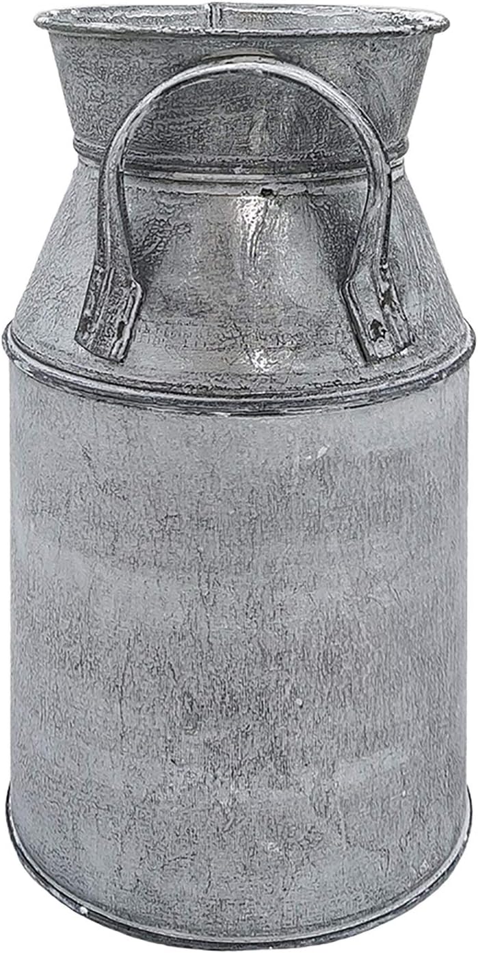 PHILPETY Shabby Chic Classy Designed Silver Milk Can Galvanized Finish Metal Vase Country Rustic Primitive Decorative Flower Holder, 7.1" H
