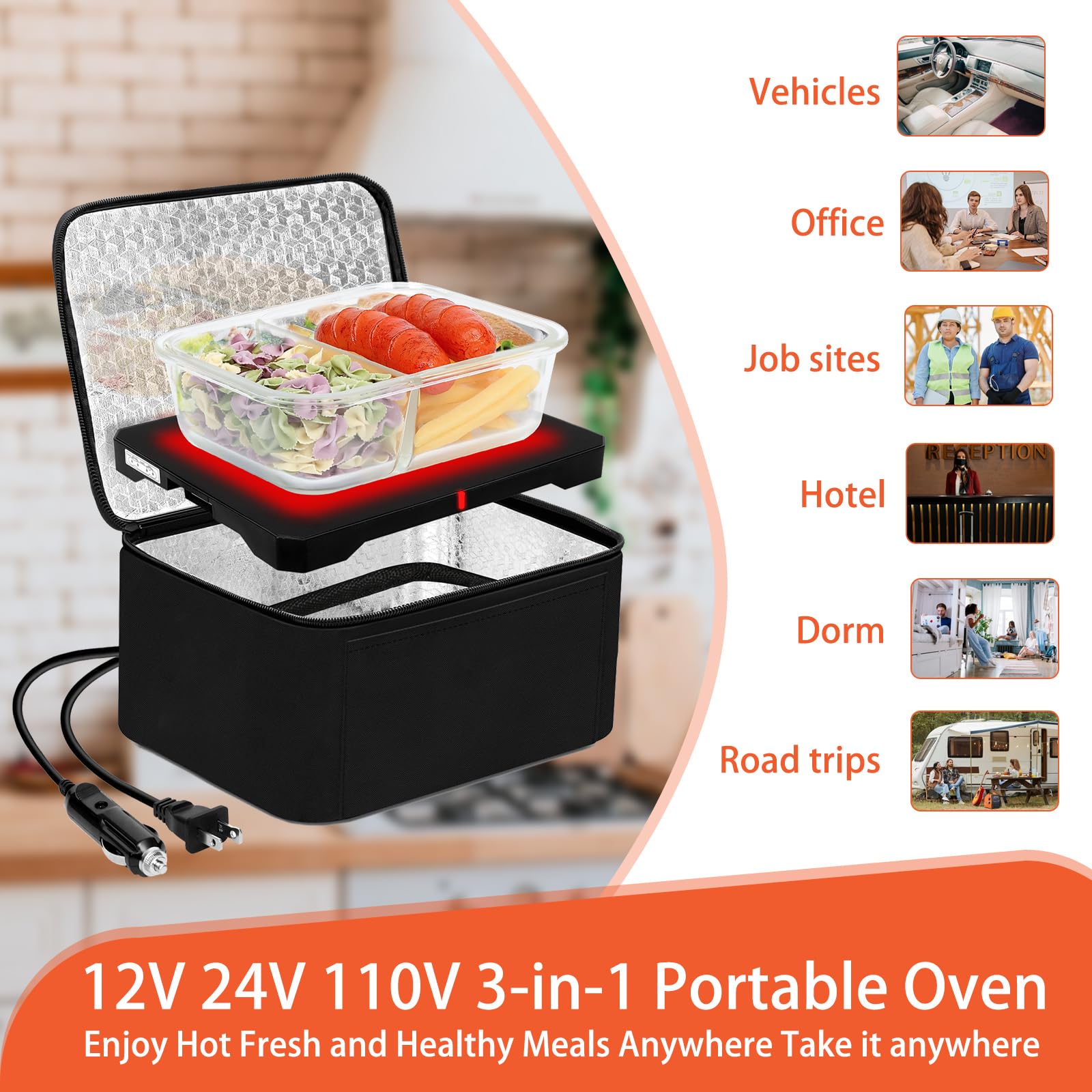 Breeze Touch Portable Microwave, 1.8L 80W Portable Oven, 3 In 1 110V/12V/24V Car Food Warmer For Truck Home Office, Luncheaze Heated Lunch Boxes For Adults Men Women Work Driver, Travel Microwave