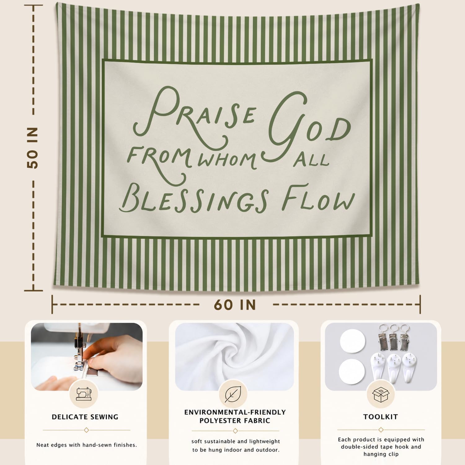 SkyCozy Christian Wall Tapestry, Christian Home Room Decor, Bible Verse Praise God from Whom All Blessings Flow Green Striped Tapestry for Home Bedroom Living Room Church Wall Decor, 50x60 Inch