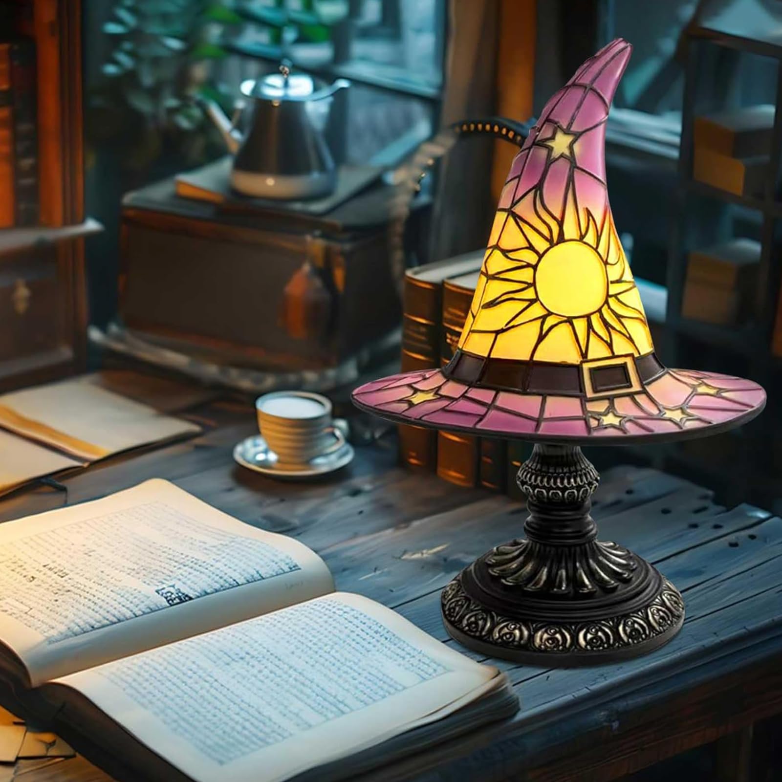 Stained Glass Witch Hat Lamp, Halloween Resin Gothic Wizard Accent Lamp