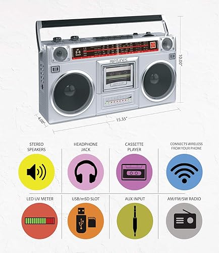 Vista 2 de Riptunes Boombox - Grabador de cassette de radio, radio AM/FM -SW1/SW2, transmisión inalámbrica, ranuras USB/Micro SD, entrada auxiliar, conector