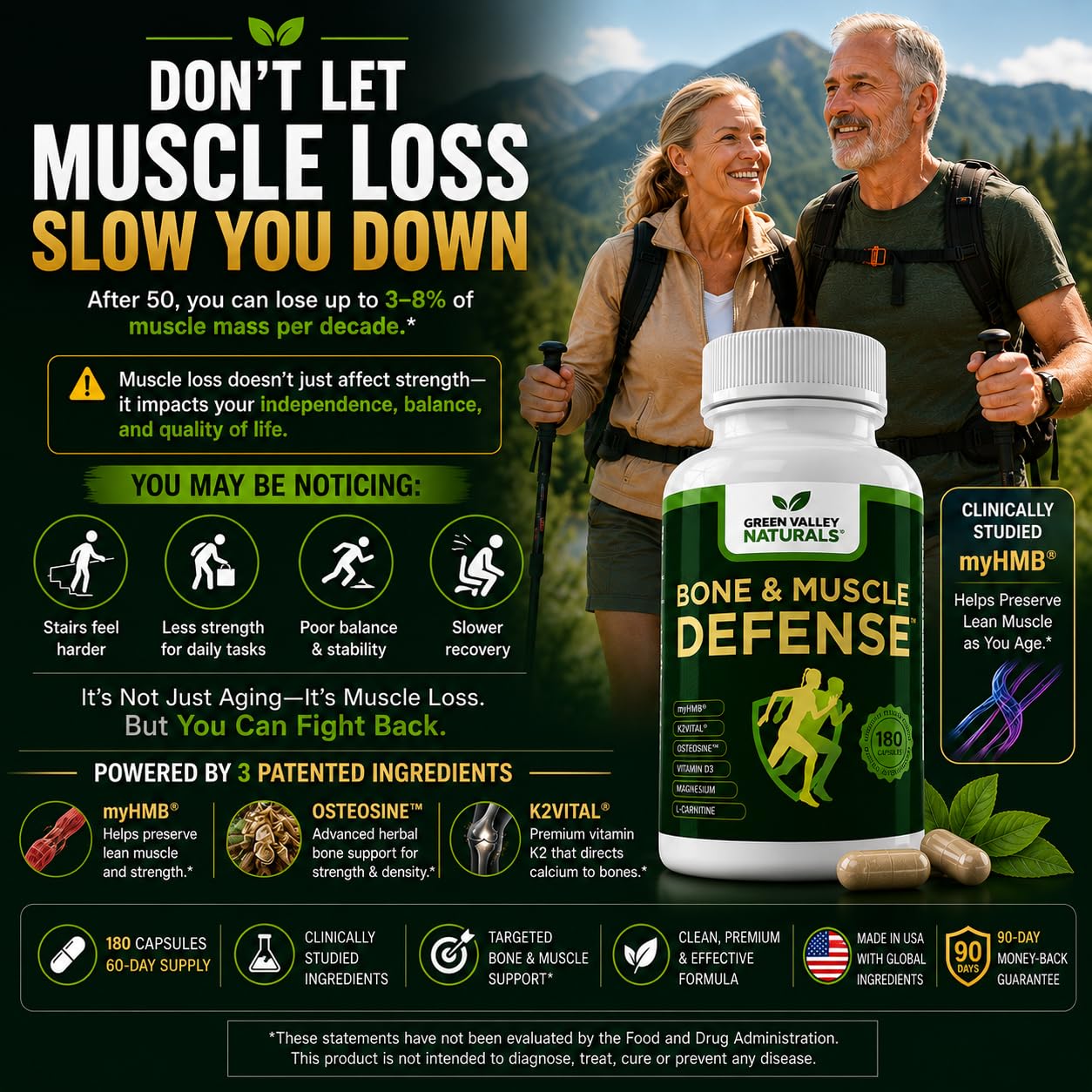 Green Valley Naturals Bone & Muscle Defense Supplement | 1,500 mg myHMB® (HMB) Calcium Blend, K2VITAL® Delta & OsteoSine™ | Bone Density, Muscle Strength & Mobility | Men & Women 50+ | 180 Capsules — Amazon image 3