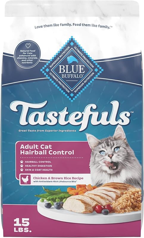 Ração seca para gatos adultos Blue Buffalo Tastefuls com frango e arroz integral para controle de bolas de pelo, 6,88 kg