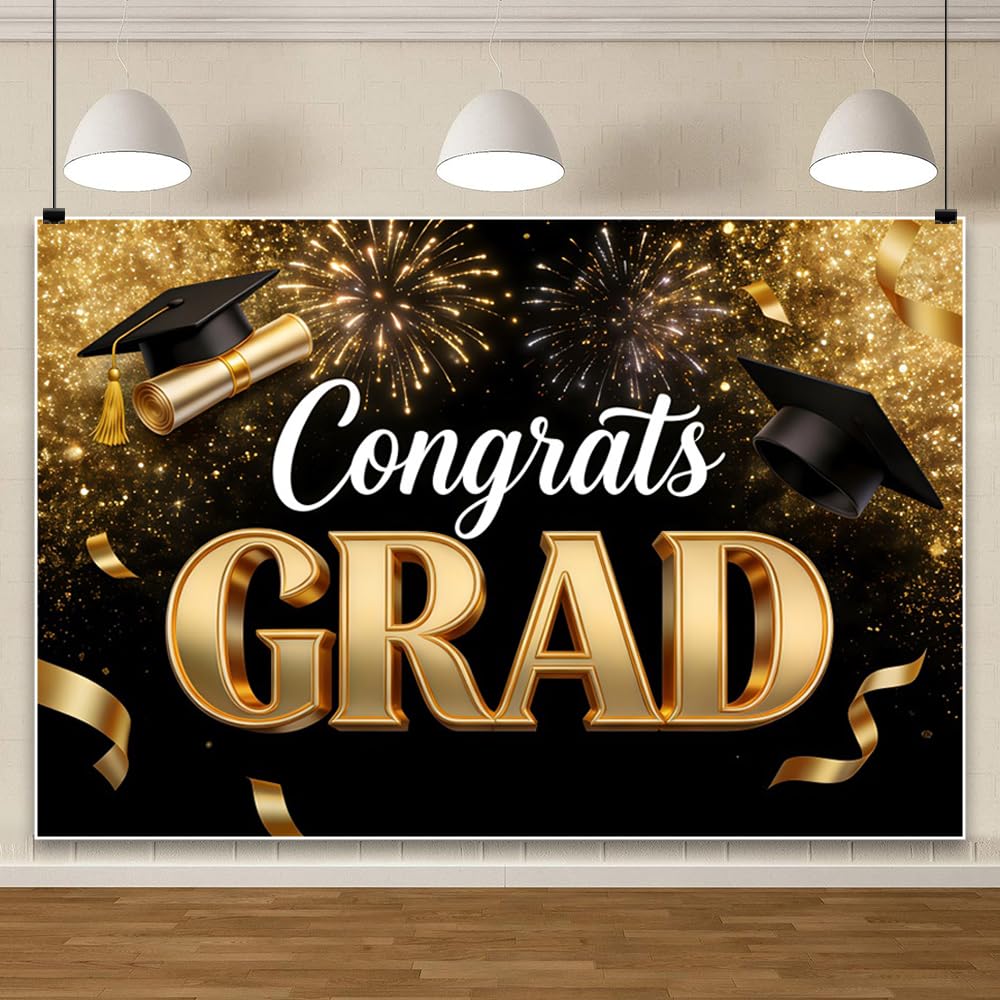 3.6x1.8m Graduation Background 2026 -Black & Gold Graduation Large Wall Poster Photo Background Graduation Cap Gold Fire Supplies for Graduation Party