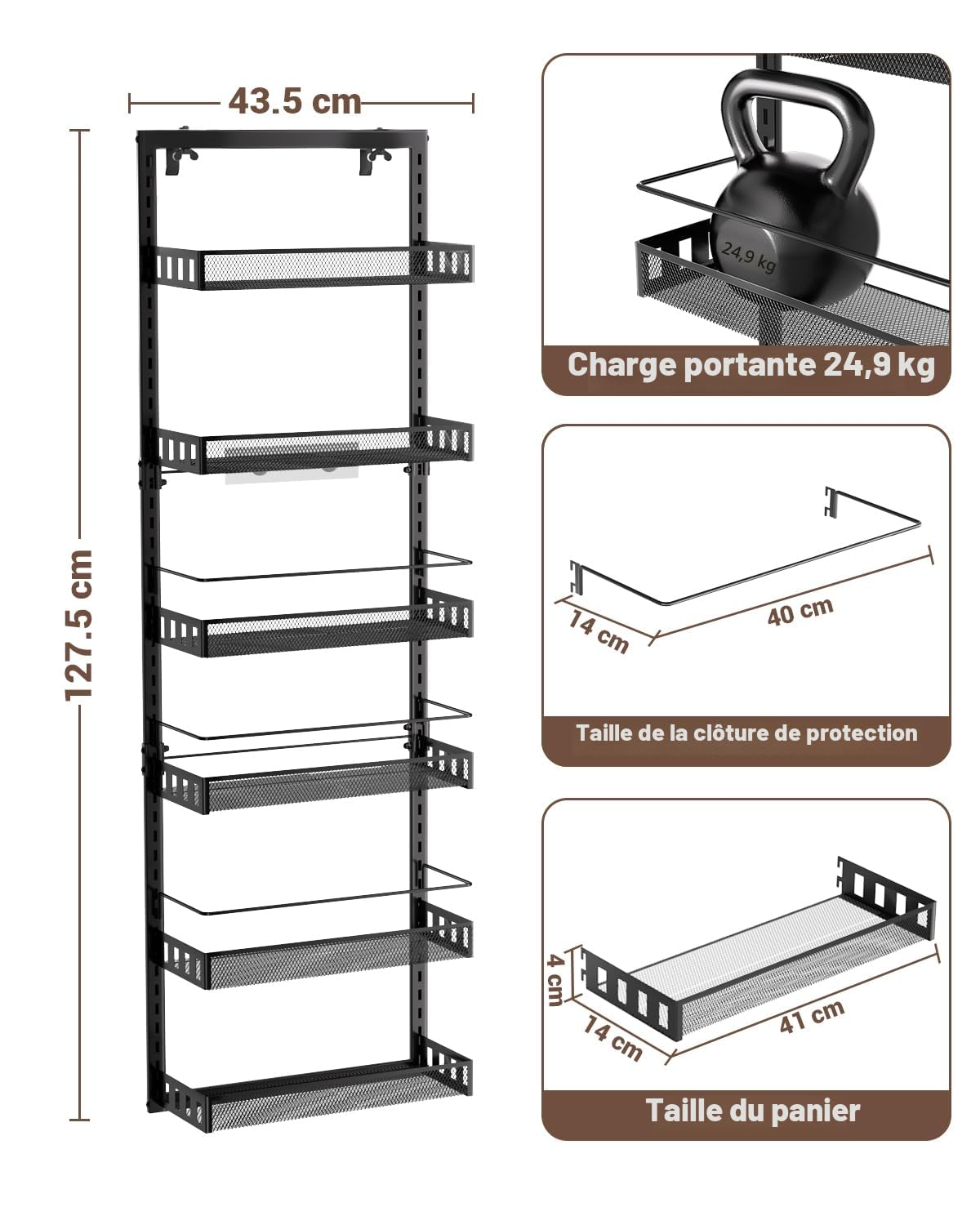 Étagère à Epices, Rangement Epices Cuisine Réglable à 6 Niveaux Au-dessus de la Porte, Garde-manger avec Crochet pour Etagère à Epices, Etagere a Epices en Métal pour Epices, 127,5*43,5 cm, Noir