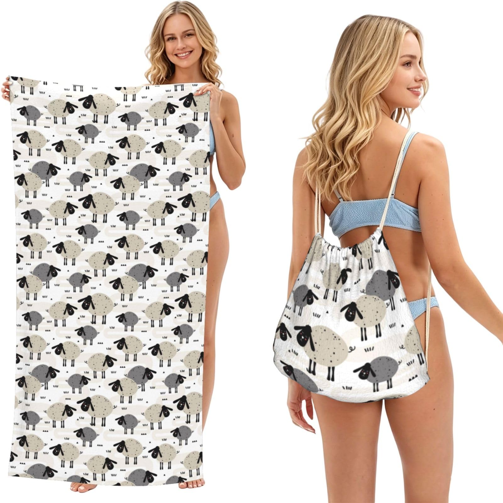 Poadnly As Picture Sheeps, 2 In 1 Packable Towel Bag, Beach Towels With Drawstring Backpack For Travel Holiday Camping