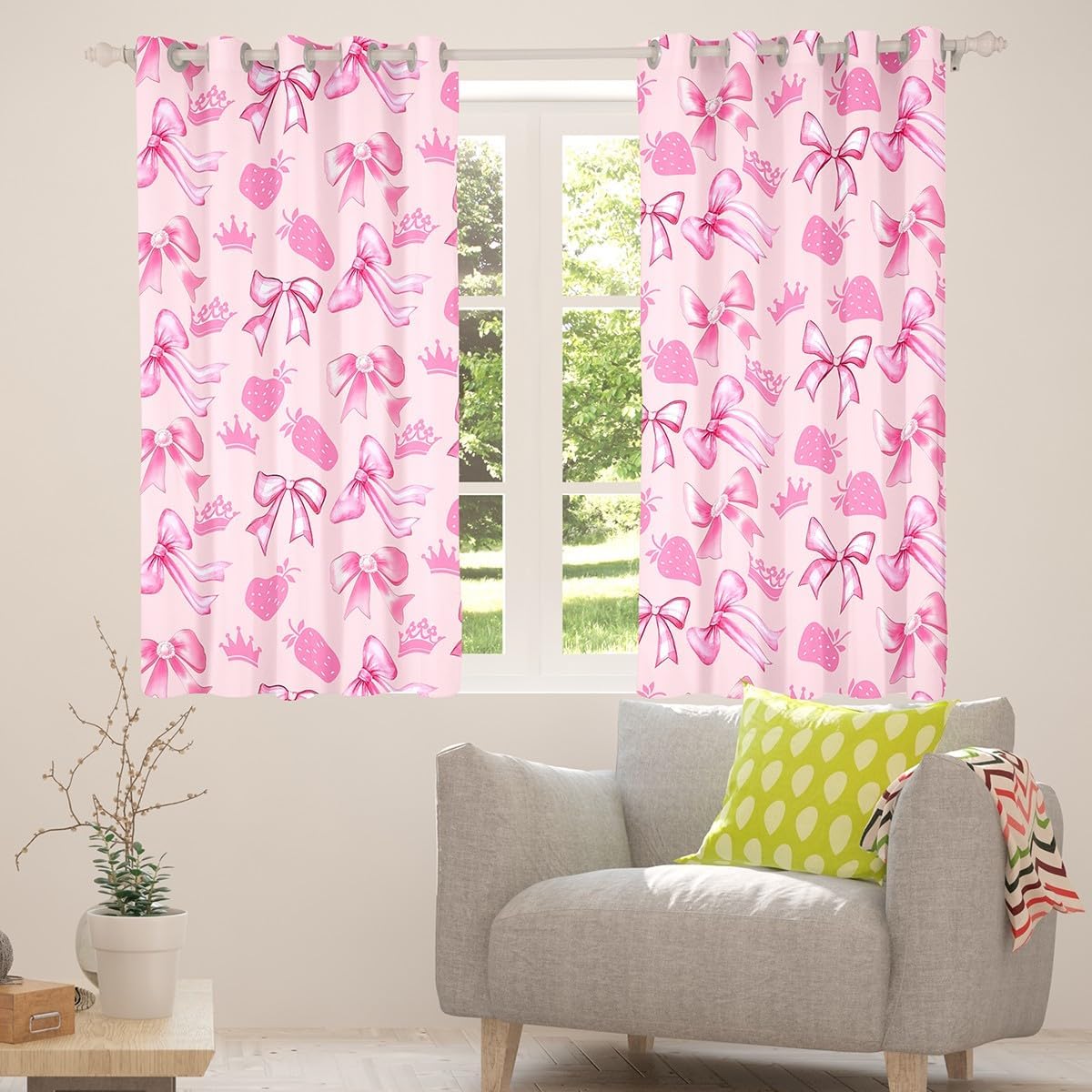 Manfei Cute Bowknot Window Curtain,Cartoon Princess Style Crown Bow-tie Dreamy Pink Curtain Set of 2 Panels,Sweet Strawberry Tropical Fruits Window Drapes for Living Room Kids,42Wx90L Inches
