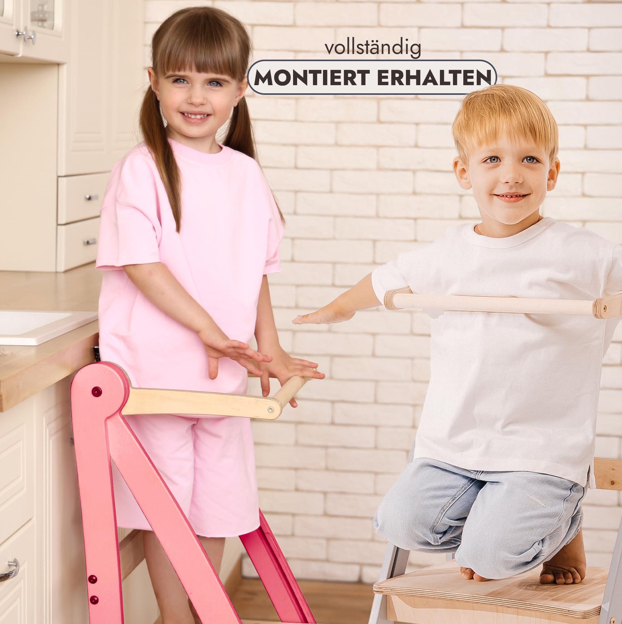 Goodevas Holz Lernleiter Montessori platzsparend: Klappbare Lernleiter, Hocker für Kinder, Faltbare Kindertreppe, Lernleiter mit Kippschutz