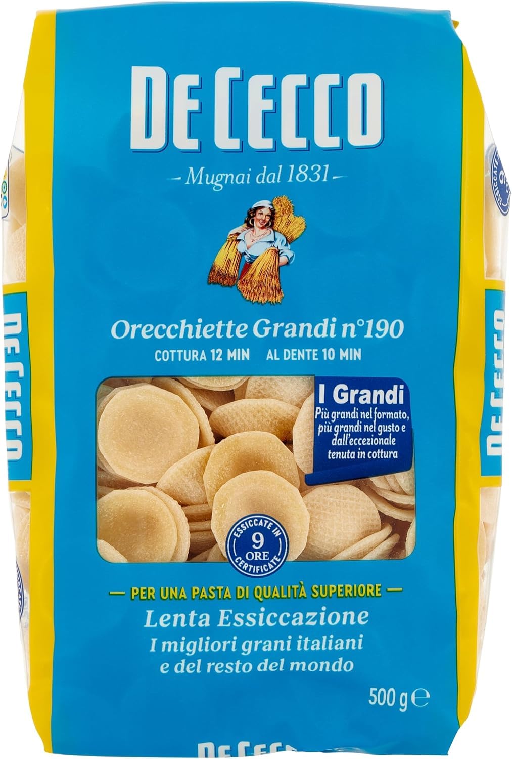 De Cecco Orecchiette Grandi n°190, pasta de trigo 24 x 500 g, especialidad de Puglia, secado lento ~9 h, textura firme, cocción 12 min (al diente 10 min), fabricada en Italia + italian Gourmet polpa