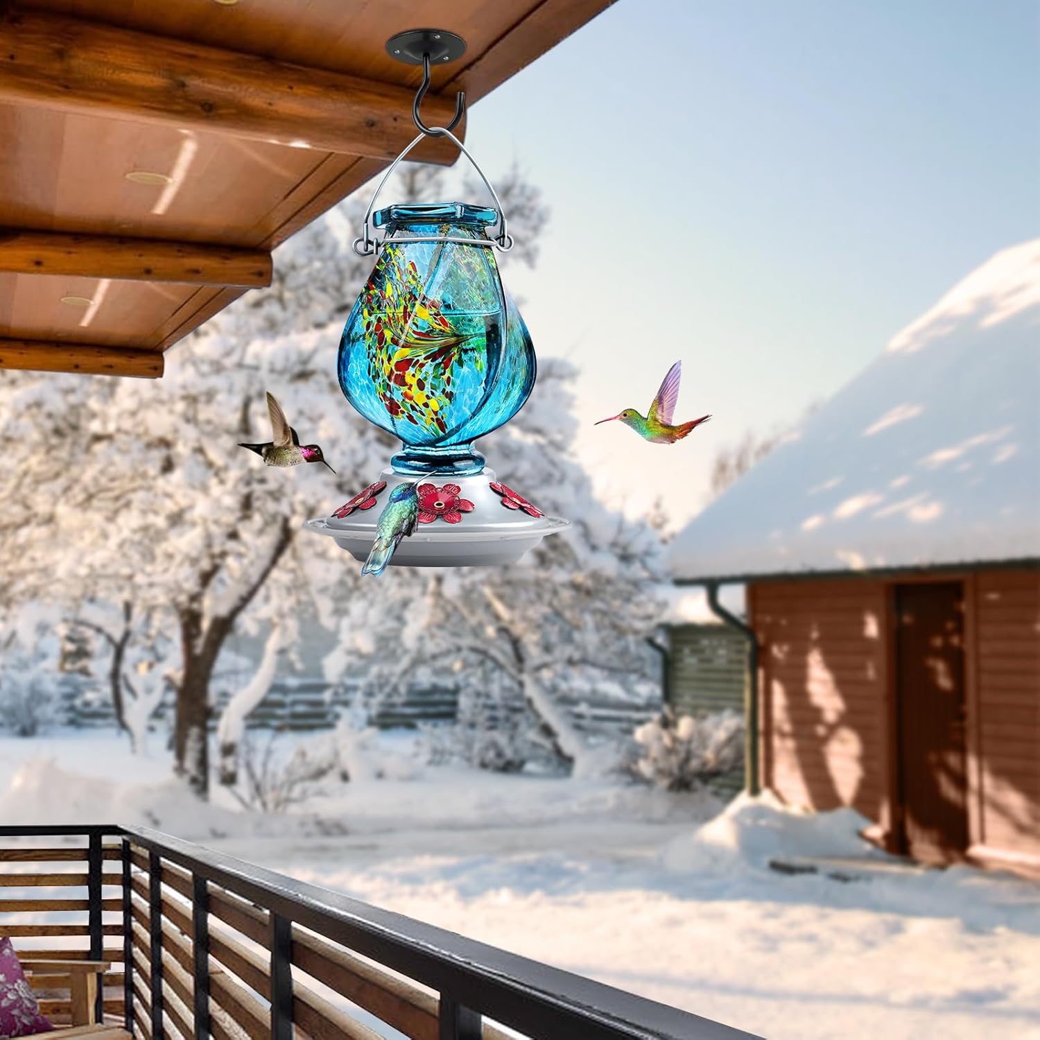 BOLITE Hummingbird Feeder, Hand Blown Glass Hummingbird Feeders for Outdoors Hanging, with Ant Moat and 5 Feeding Ports, 22 Ounces, Blue, Birthday Gifts for Women Men, Gifts for Mom Dad - Image 2